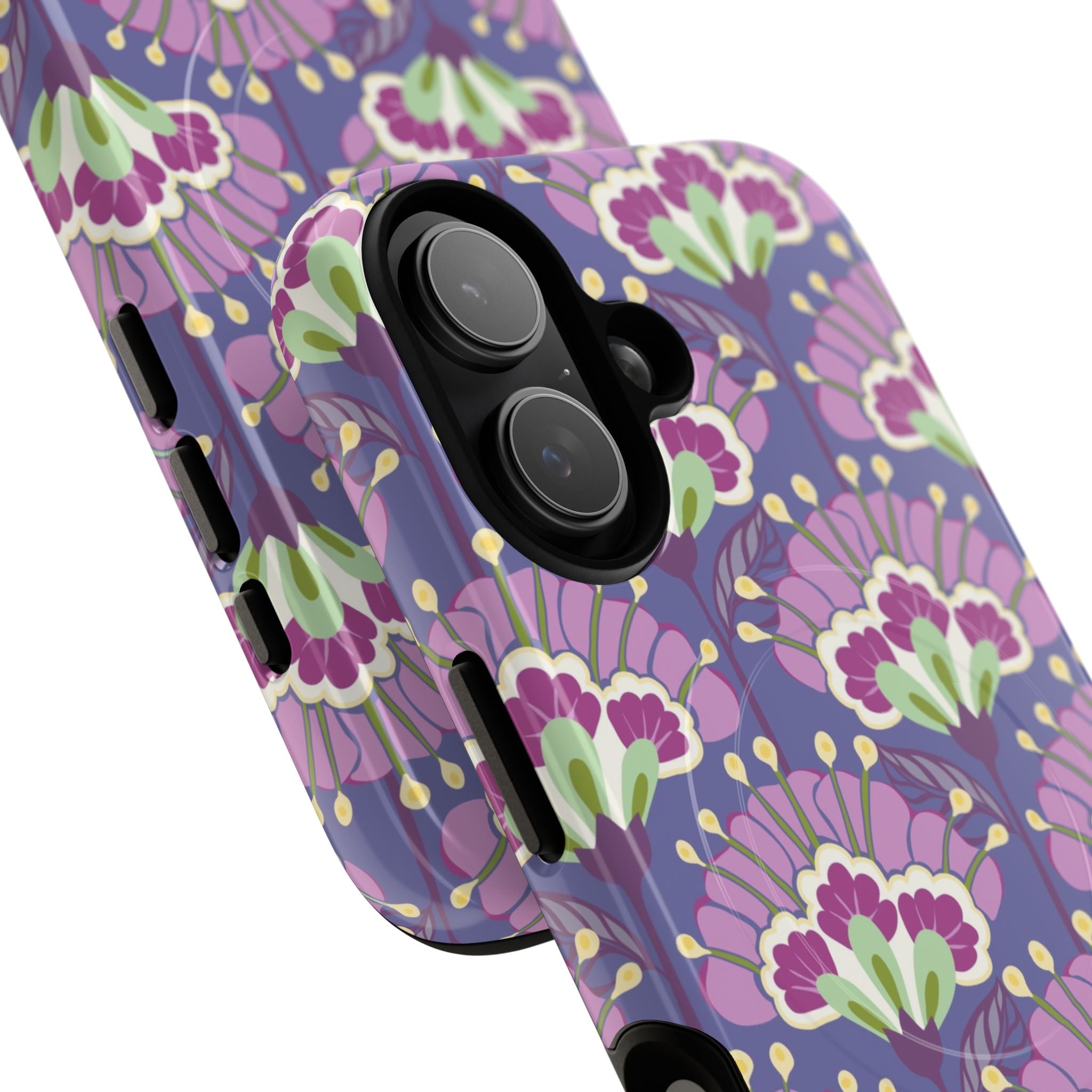 Lantern Flower MagSafe iPhone 17 Case – Glossy | periwinkle, purple, mauve, sage botanical lantern floral print | angled view closeup of camera cutout and buttons