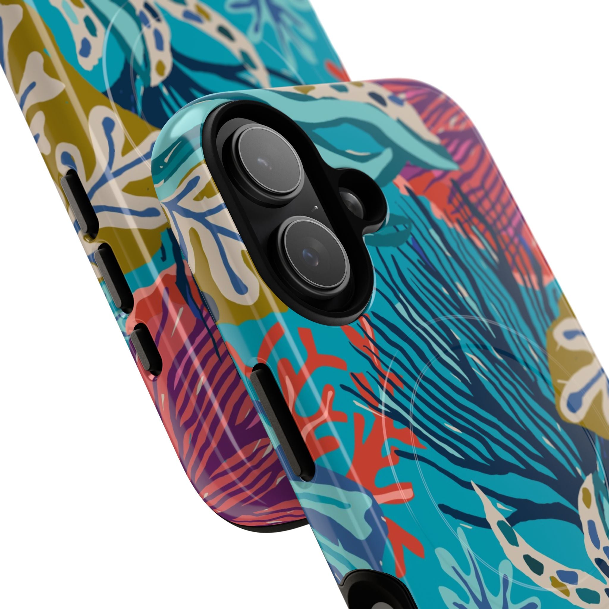 Reef MagSafe iPhone 17 Case – Glossy | teal, coral, navy, purple botanical coral reef print | angled view closeup of camera cutout and buttons
