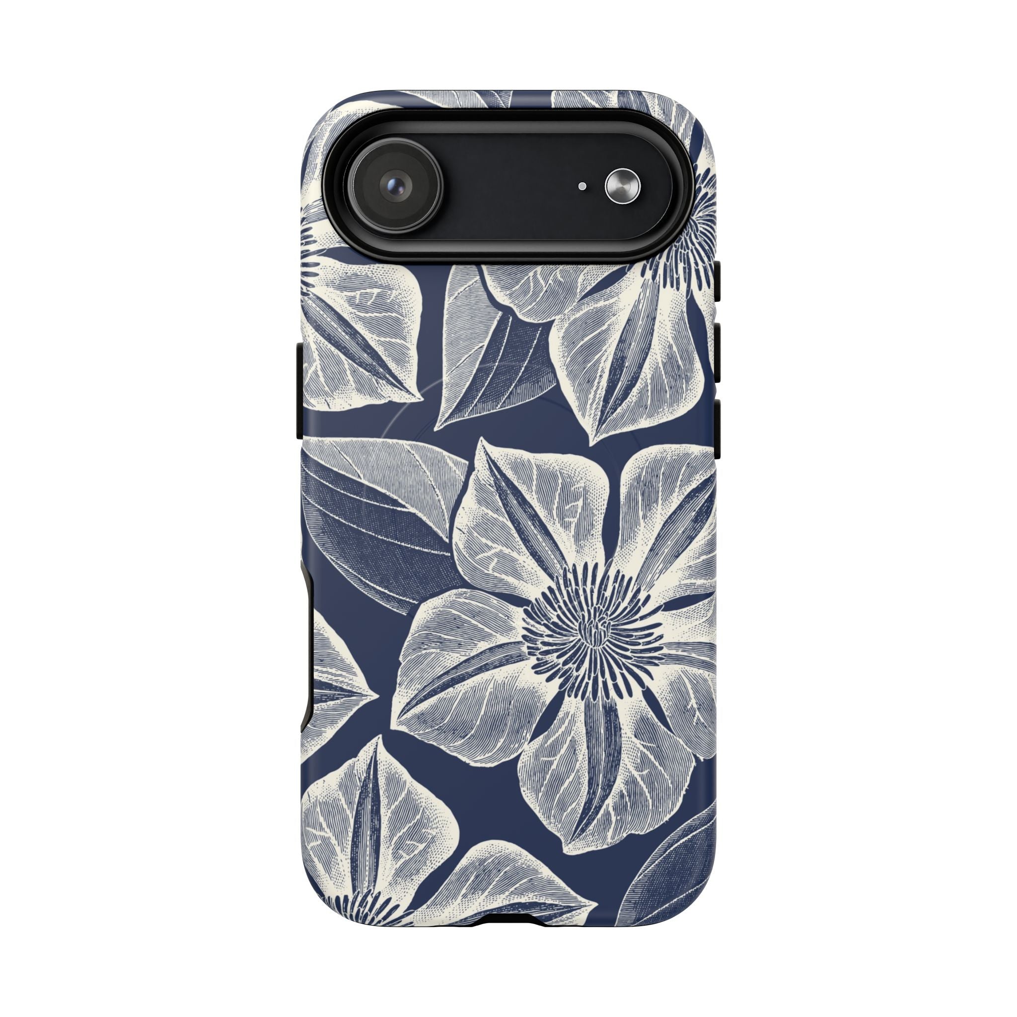 Vintage Bloom Navy MagSafe iPhone 17 Air Case – Matte | navy ground, large-scale white clematis print, engraved petal detail, dual-layer protection