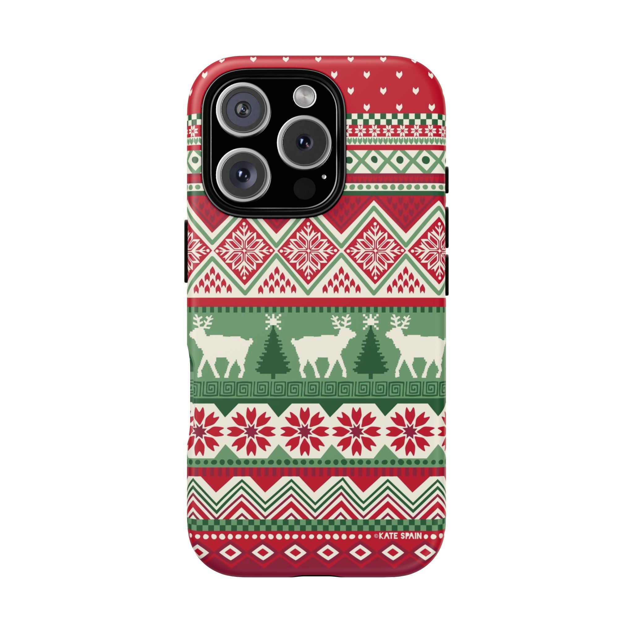 Telemark Tough iPhone 16 Pro Case – Glossy | red, green, cream fair isle reindeer Nordic print