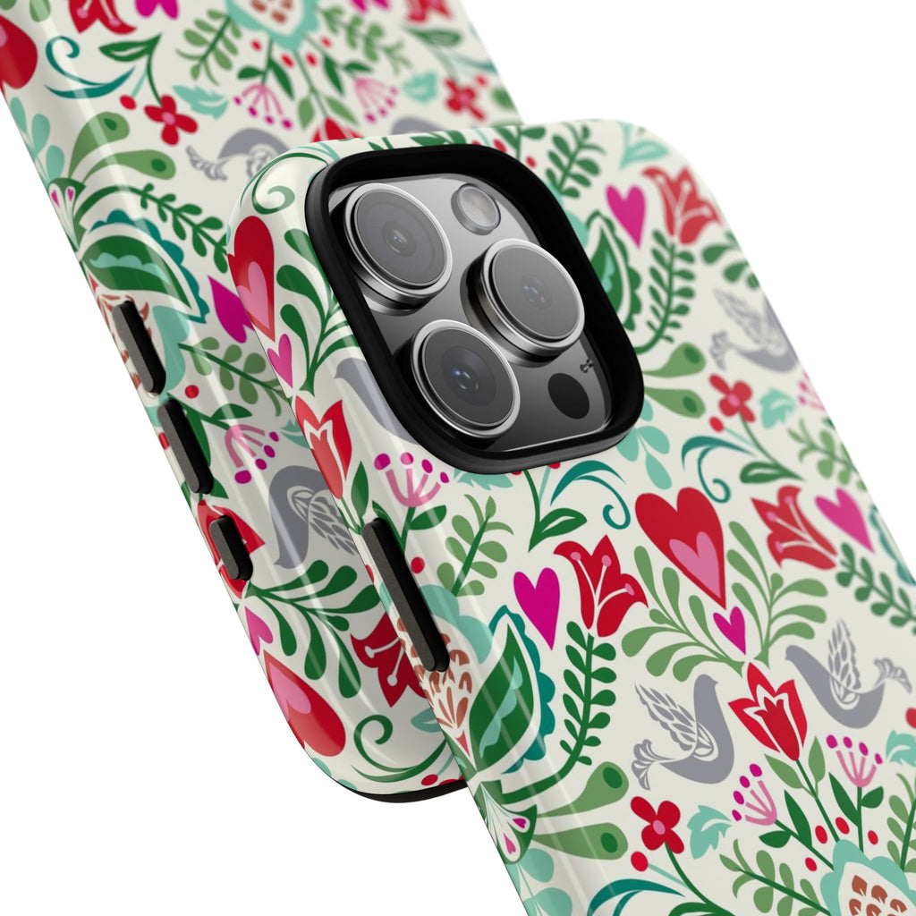 Rosemaling Tough iPhone 17 Case – view of camera | cream, red, pink, green, gray folk art floral bird print