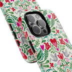 Rosemaling Tough iPhone 17 Case – view of camera | cream, red, pink, green, gray folk art floral bird print