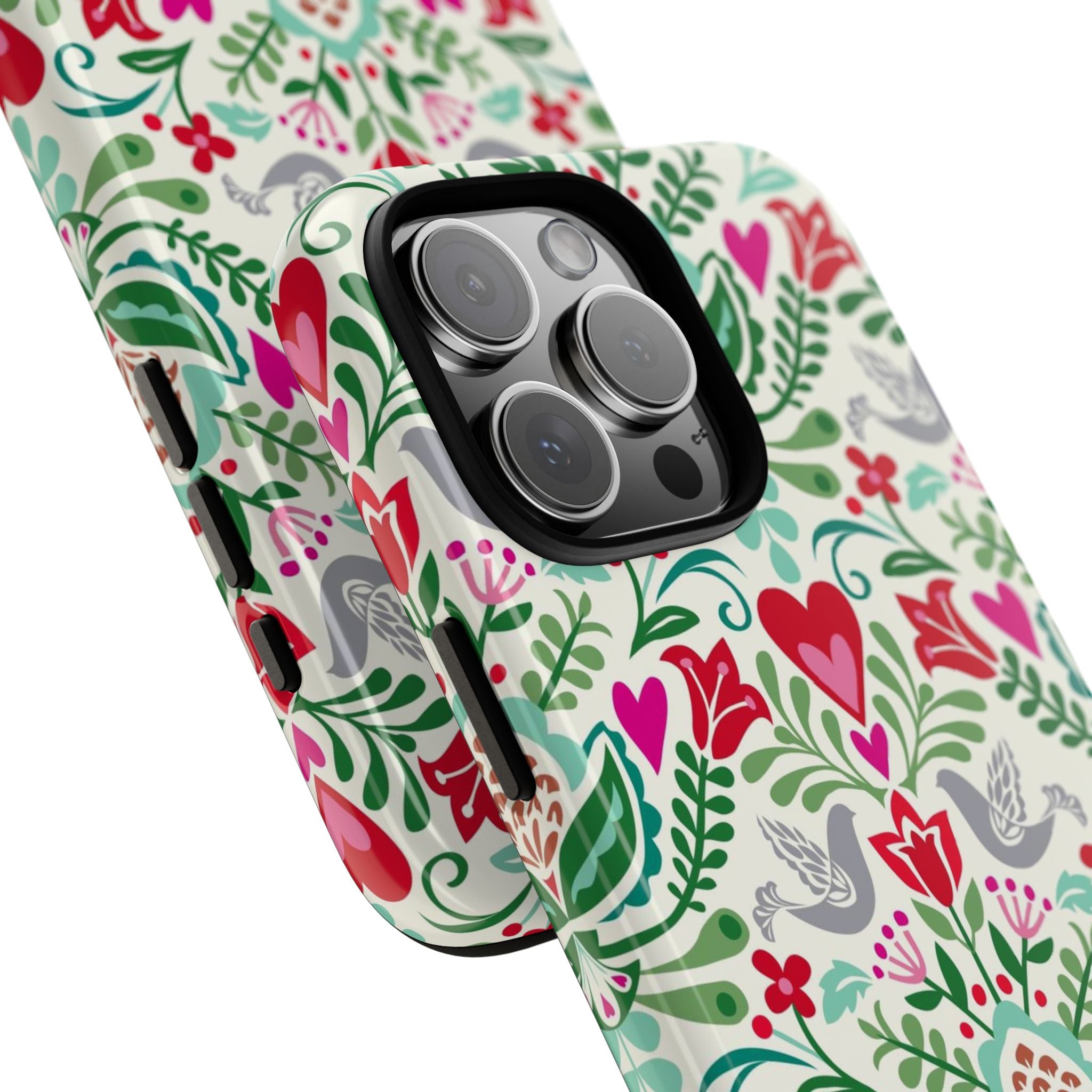 Rosemaling Tough iPhone 17 Case – view of camera | cream, red, pink, green, gray folk art floral bird print