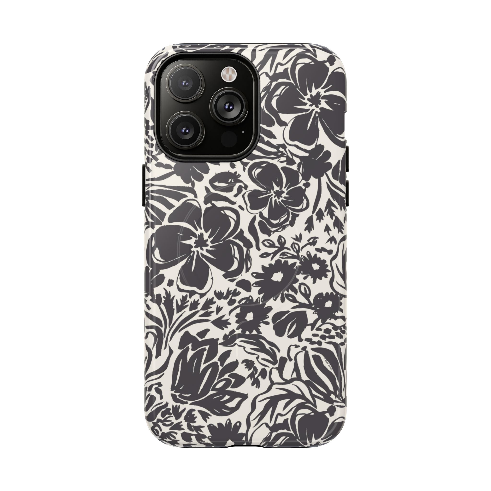 Rhapsody Black MagSafe iPhone 14 Pro Max Glossy case — bold charcoal floral print on cream by Kate Spain