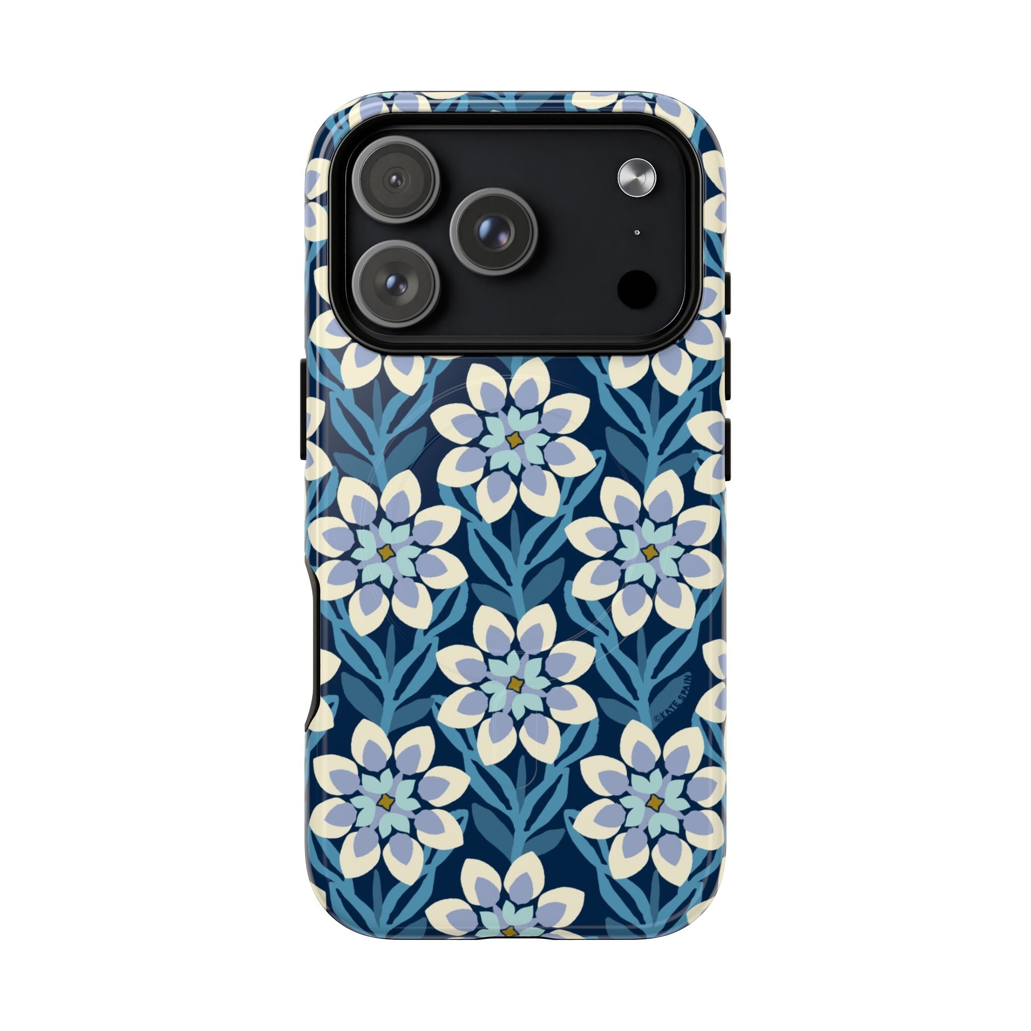 Luxury Modern Dahlia MagSafe iPhone 17 Pro Case – Glossy | navy, slate blue, white geometric dahlia tile floral print