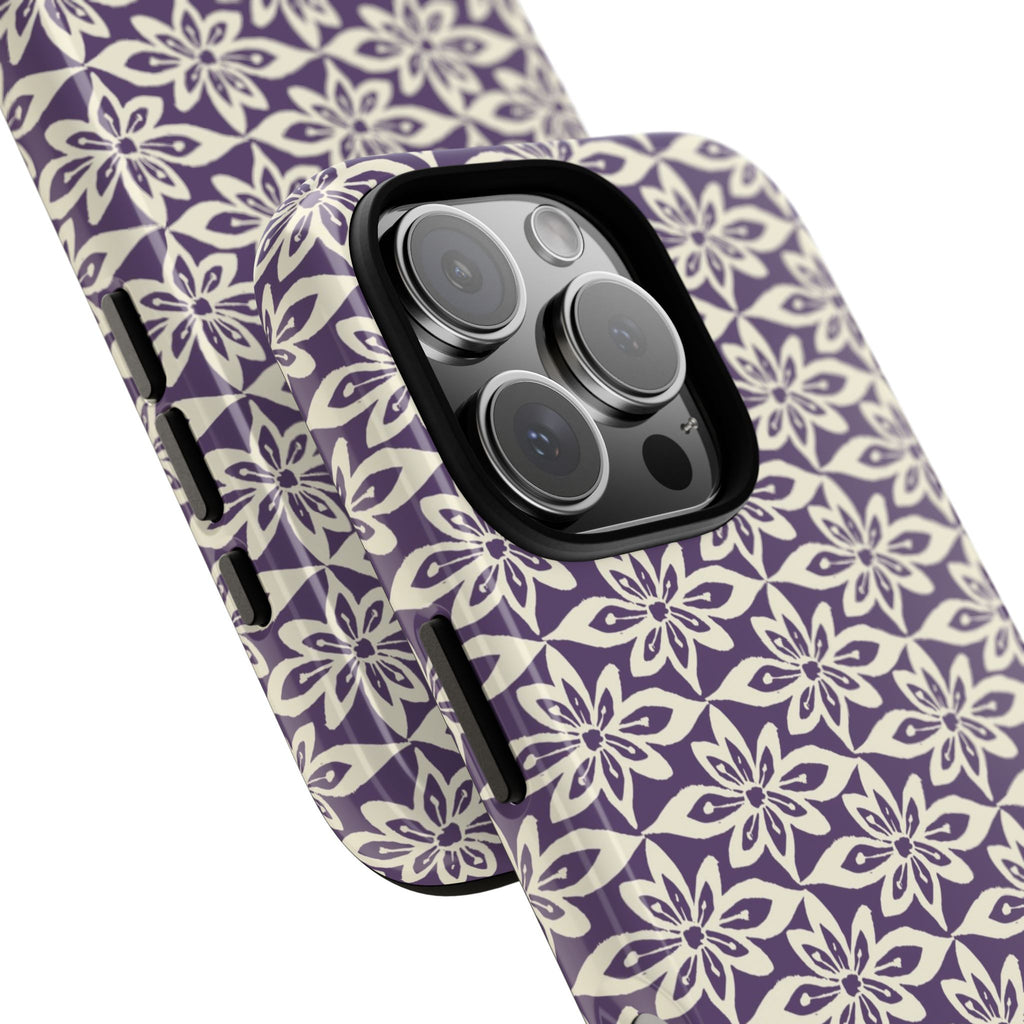 Lily Plum iPhone 16 Pro Max Case – Glossy | angled view showing camera cutout and buttons — botanical phone case by Kate Spain