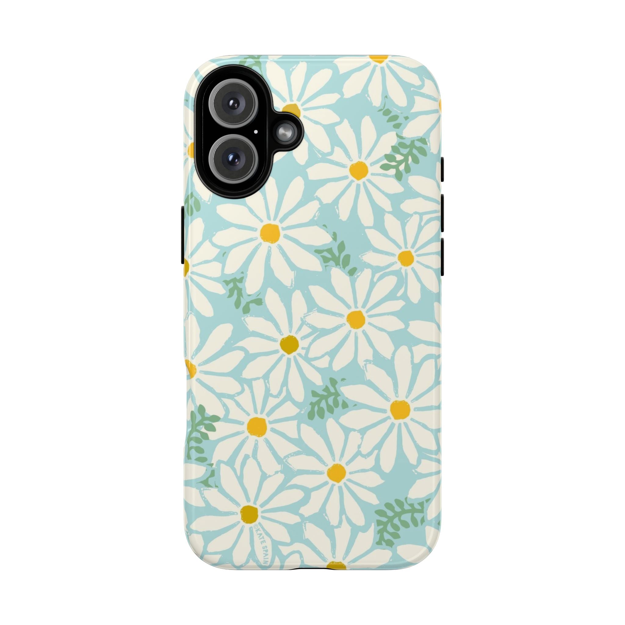 Daisies Tough iPhone 16 Plus Case – Glossy | mint, white, yellow botanical daisy floral print