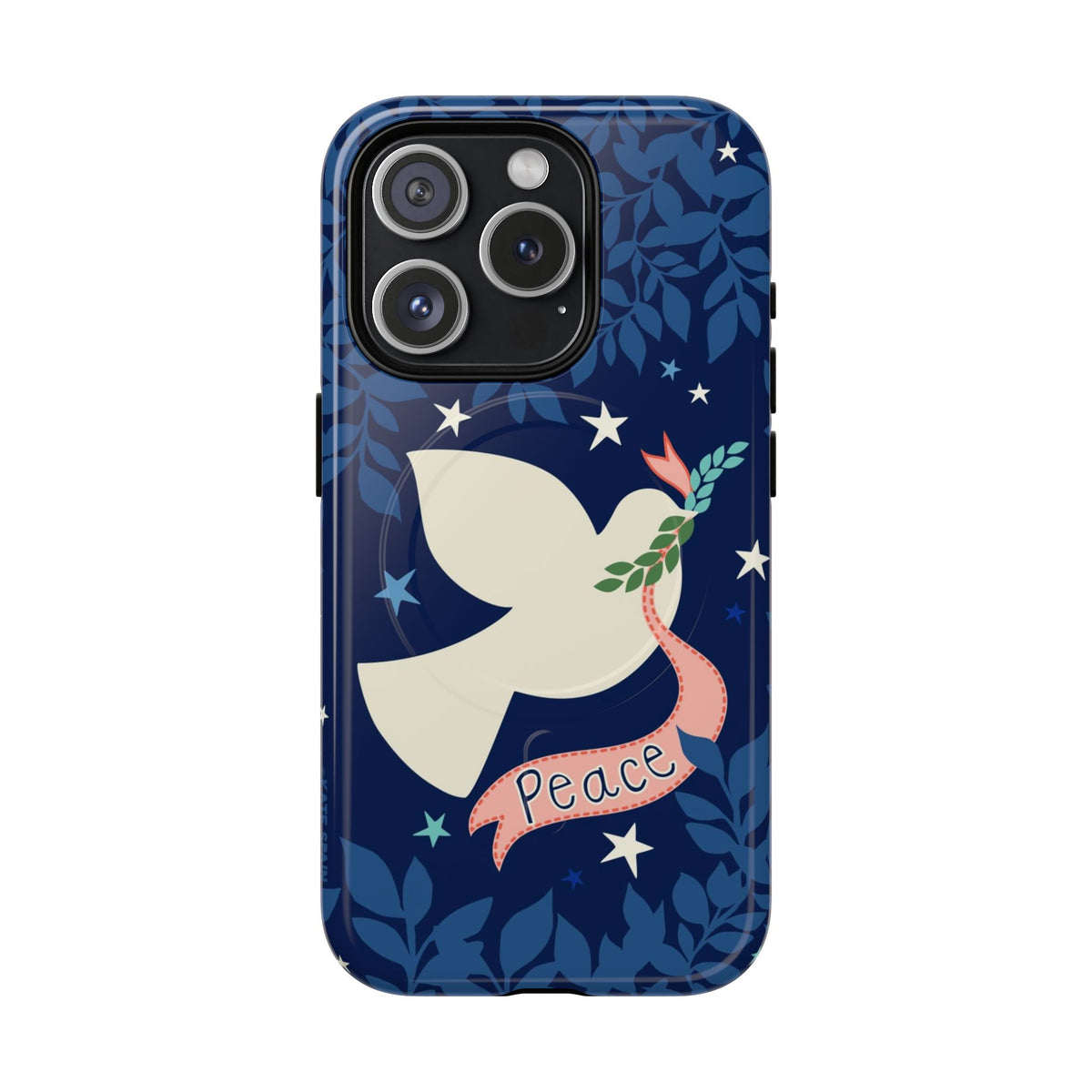 Peace MagSafe iPhone 15 Pro Case – Glossy | navy, cream peace dove, stars, botanical print