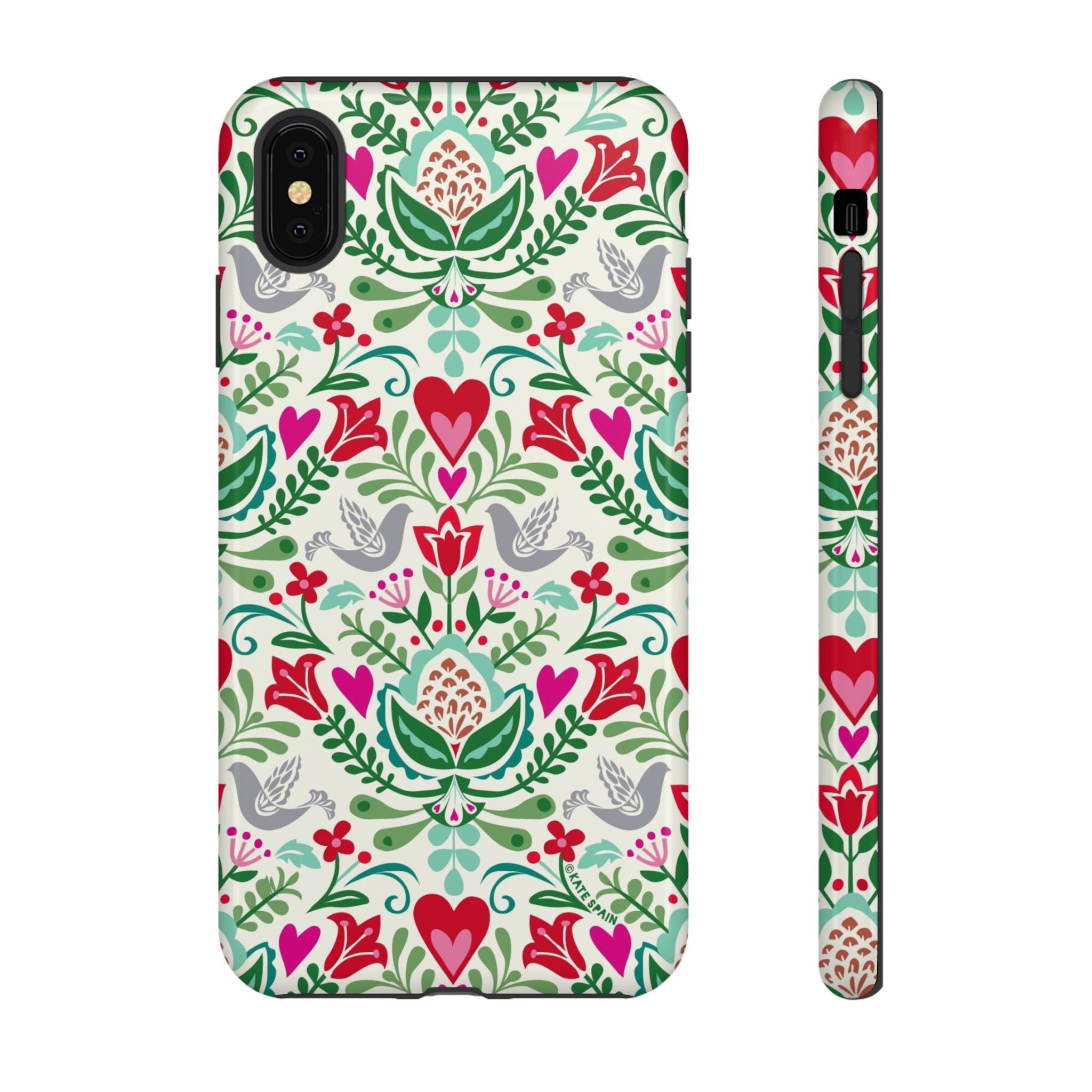 Rosemaling Tough iPhone XS Max Case – Glossy | cream, red, pink, green, gray folk art floral bird print