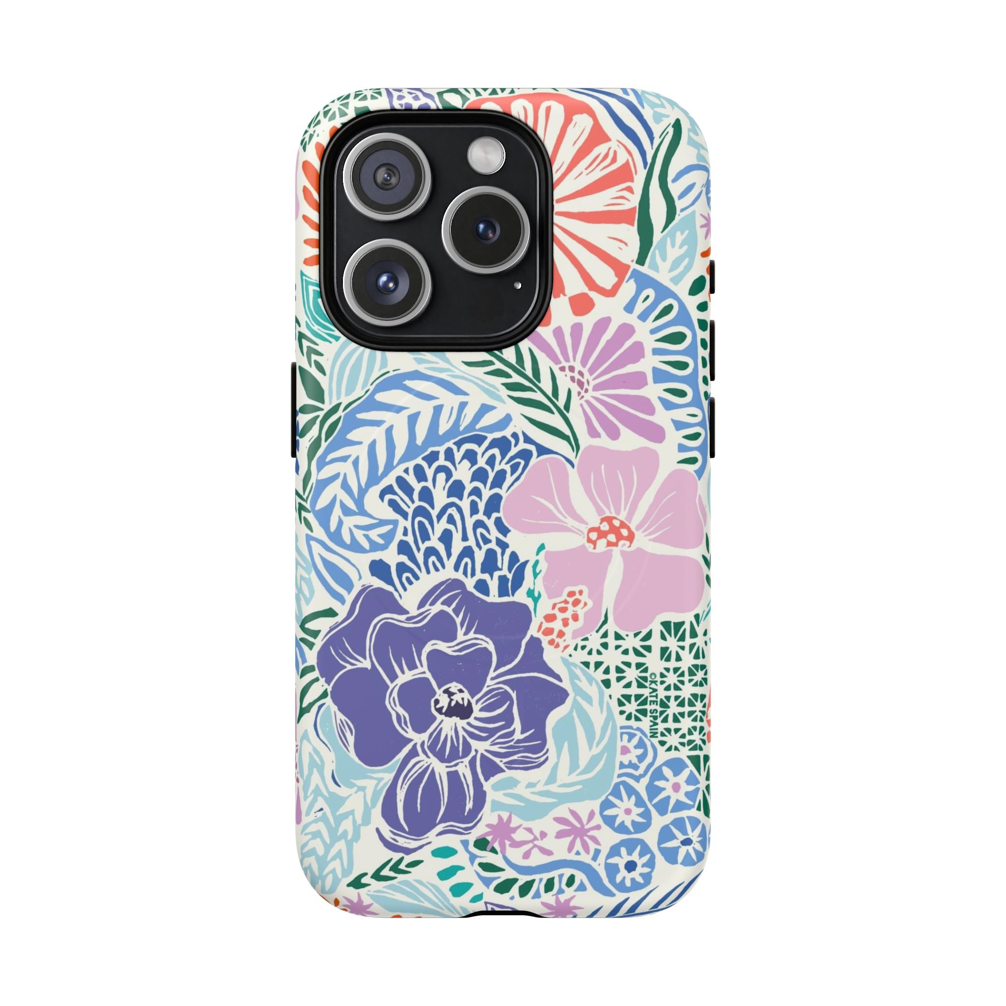 Tropica MagSafe iPhone 15 Pro Case – Matte | purple, coral, pink, blue botanical tropical floral print