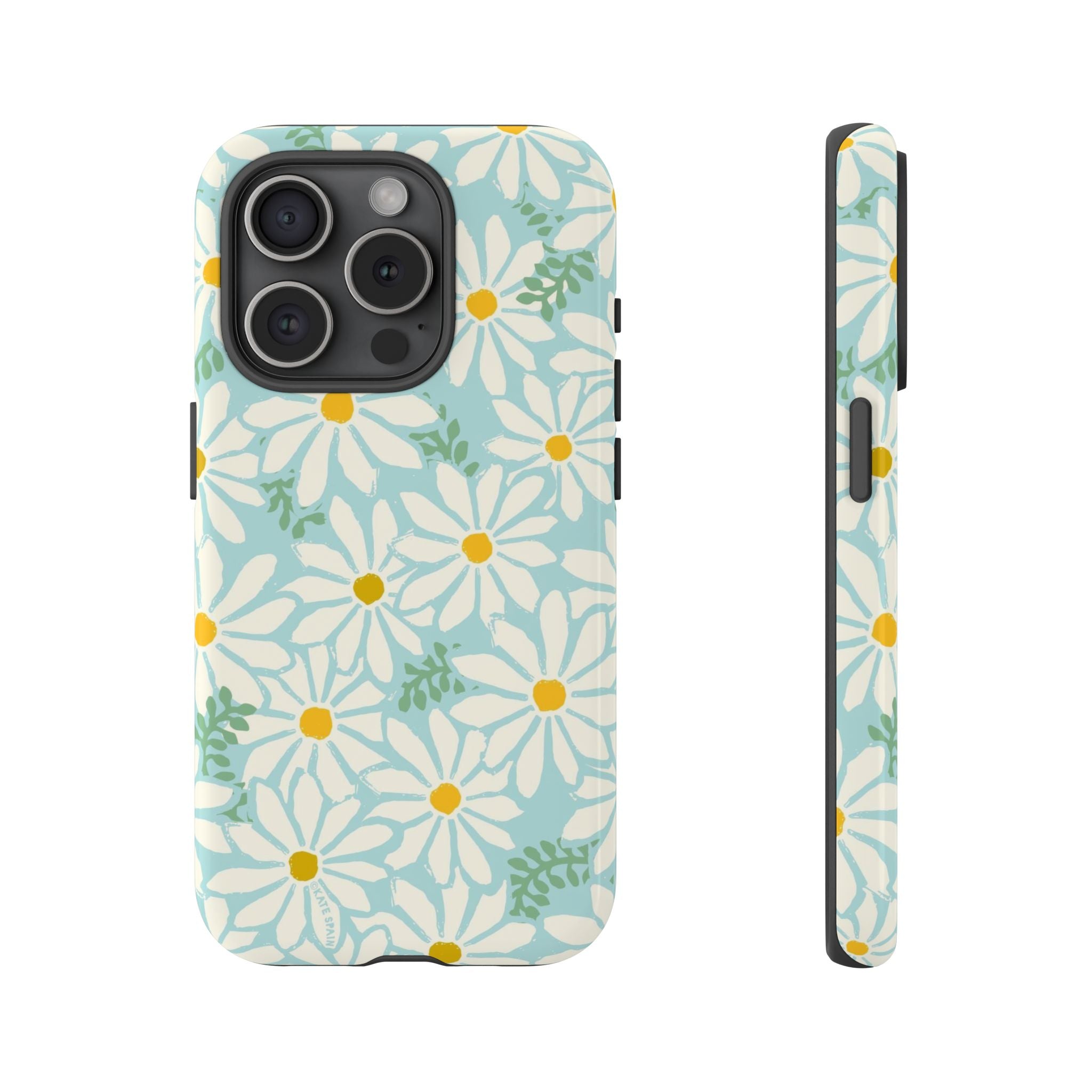 Daisies Tough iPhone 15 Pro Case – Glossy | mint, white, yellow botanical daisy floral print
