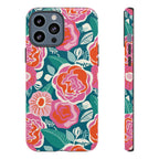 Tea Rose Teal Tough iPhone 13 Pro Max Case – Glossy | teal, coral, pink botanical rose floral print