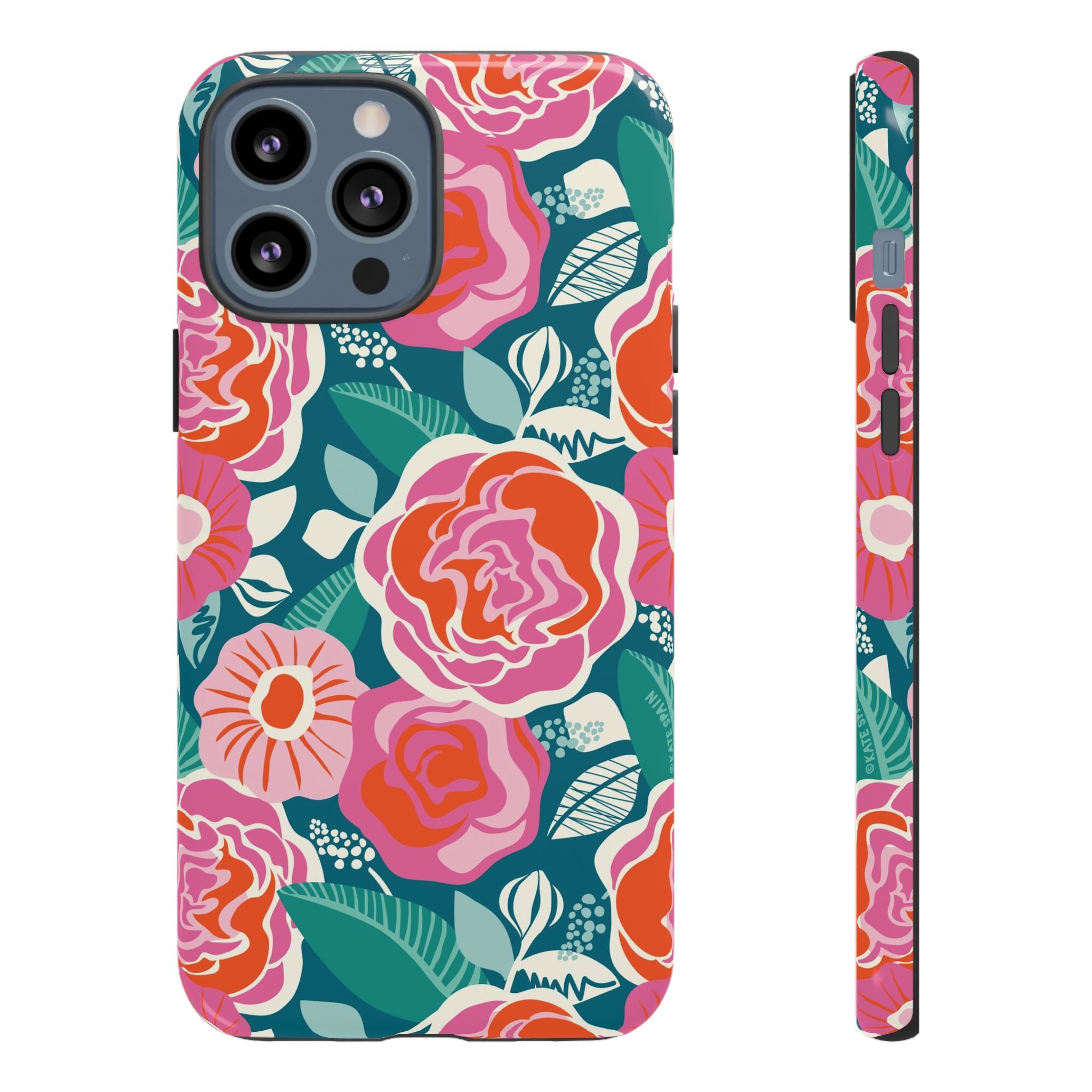 Tea Rose Teal Tough iPhone 13 Pro Max Case – Glossy | teal, coral, pink botanical rose floral print