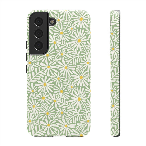 Montauk Daisy Meadow Green Samsung Galaxy S22 Glossy case — white daisy and fern print on sage green by Kate Spain