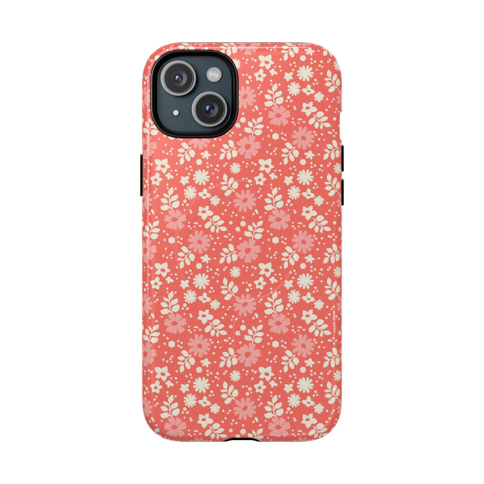 Petaline Coral MagSafe iPhone 15 Plus Case – Glossy | coral, pink, cream ditsy floral print