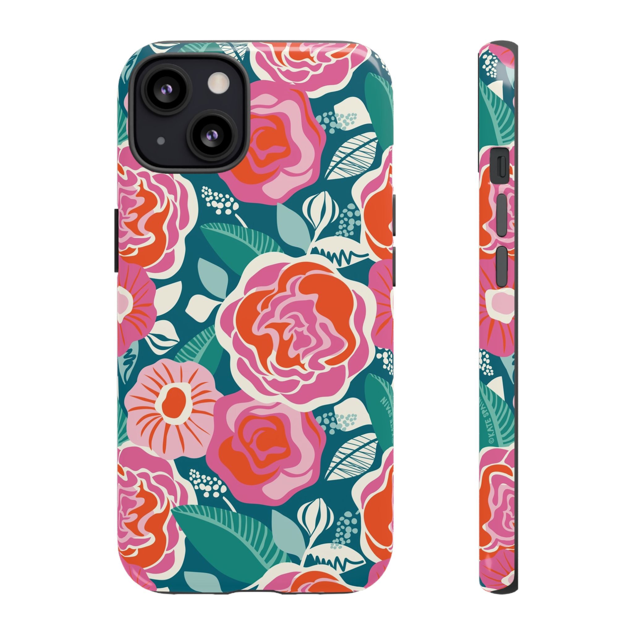 Tea Rose Teal Tough iPhone 13 Case – Matte | teal, coral, pink botanical rose floral print