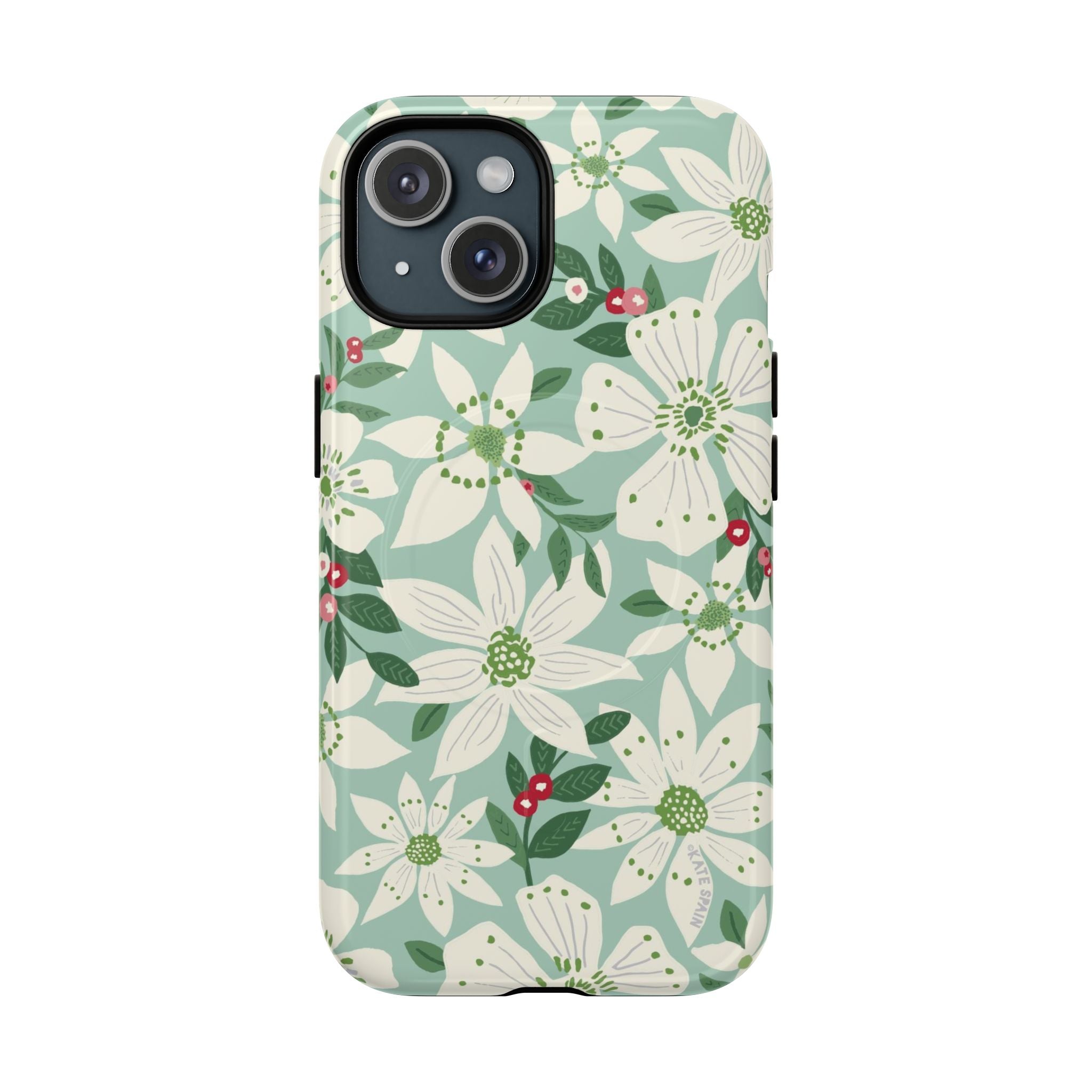 Gardenia MagSafe iPhone 15 Case – Glossy | light blue, white, green, red gardenia botanical print