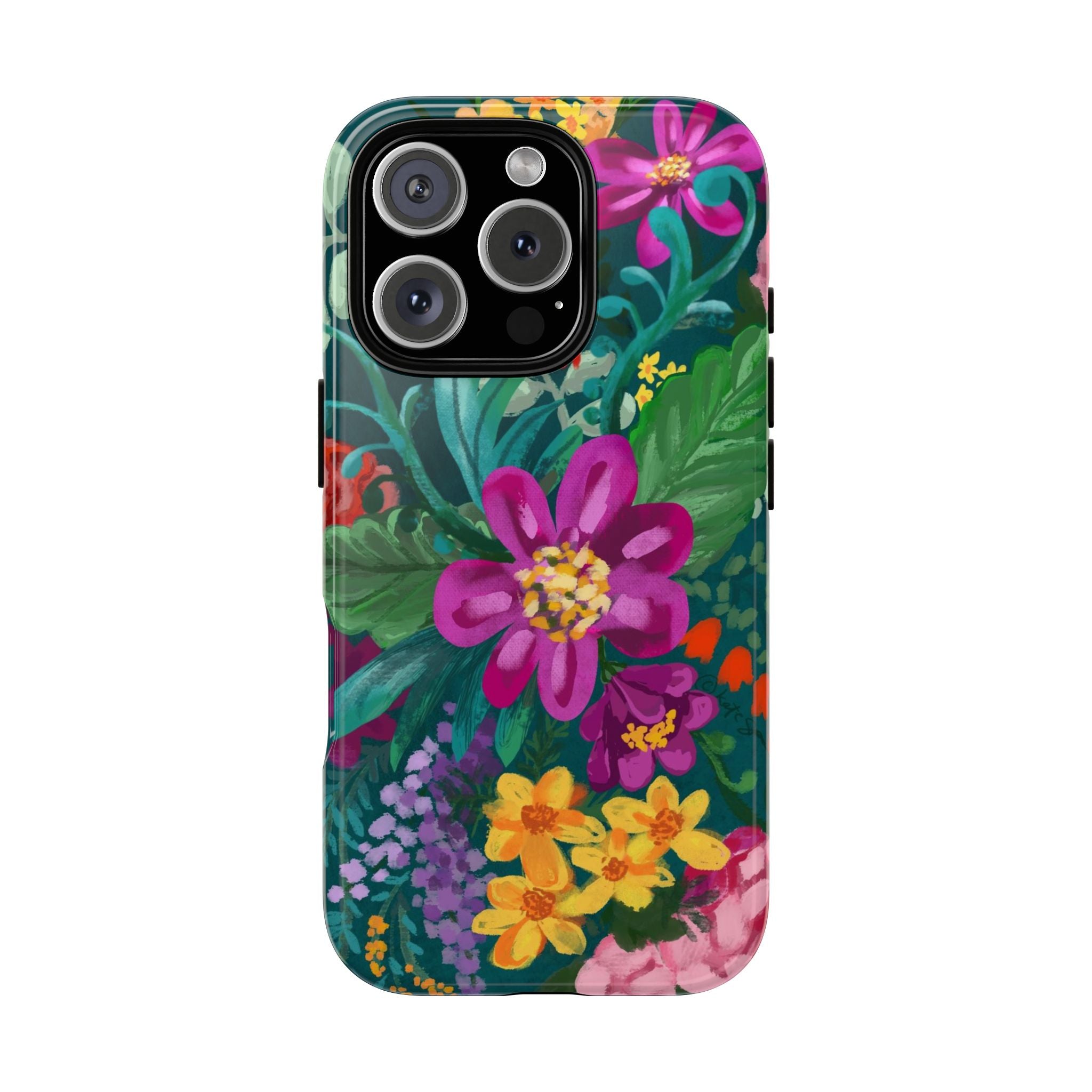 Posy Tough iPhone 16 Pro Max Case – Glossy | teal, purple, magenta, yellow botanical wildflower print