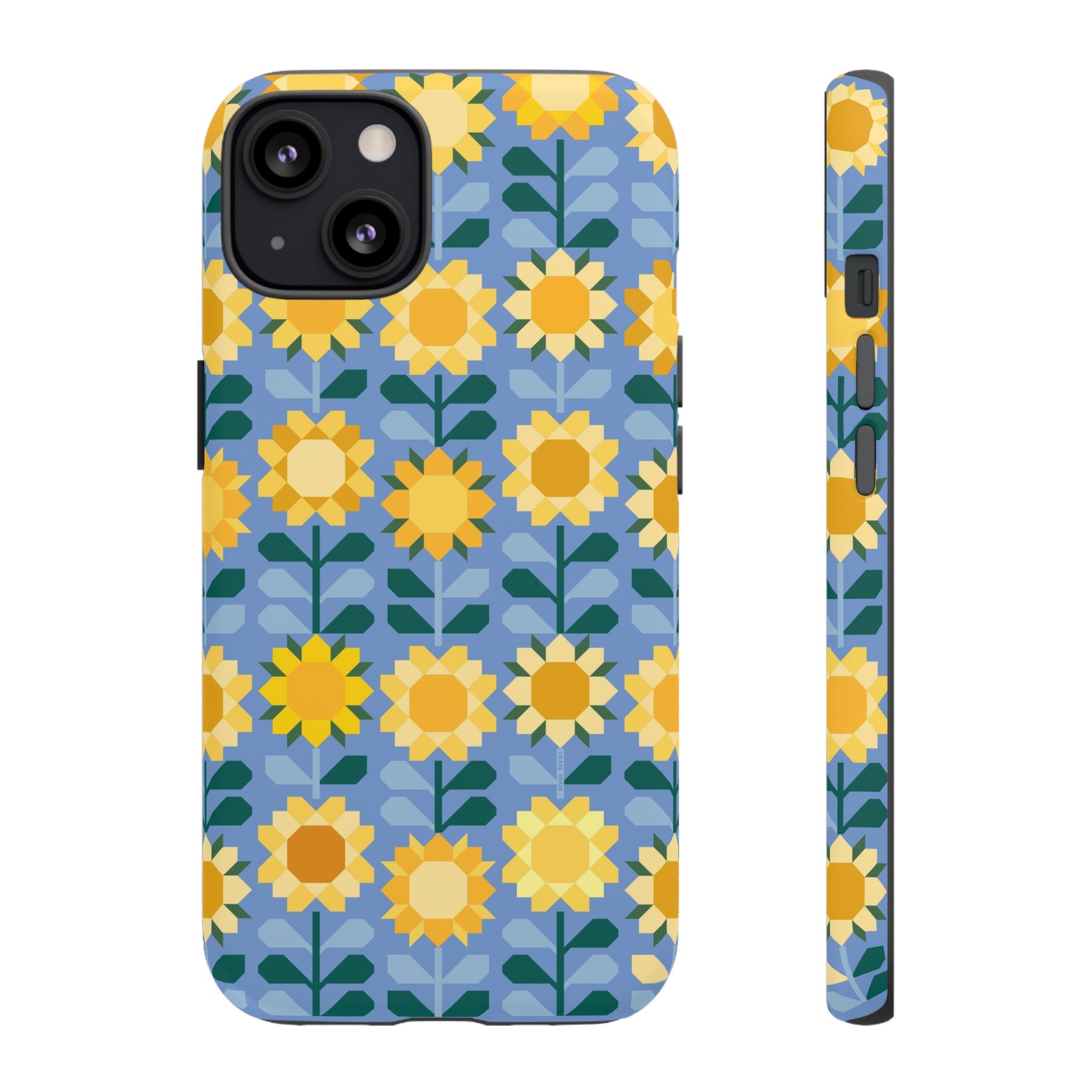 Sunflowers Tough iPhone 13 Case – Glossy | blue, yellow, gold geometric sunflower print
