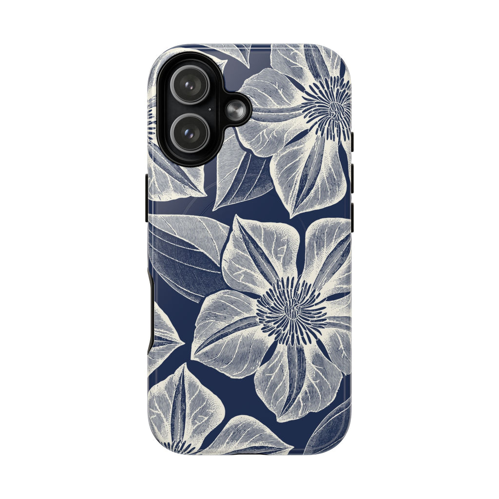 Vintage Bloom Navy MagSafe iPhone 17 Case – Glossy | navy ground, large-scale white clematis print, engraved petal detail, dual-layer protection