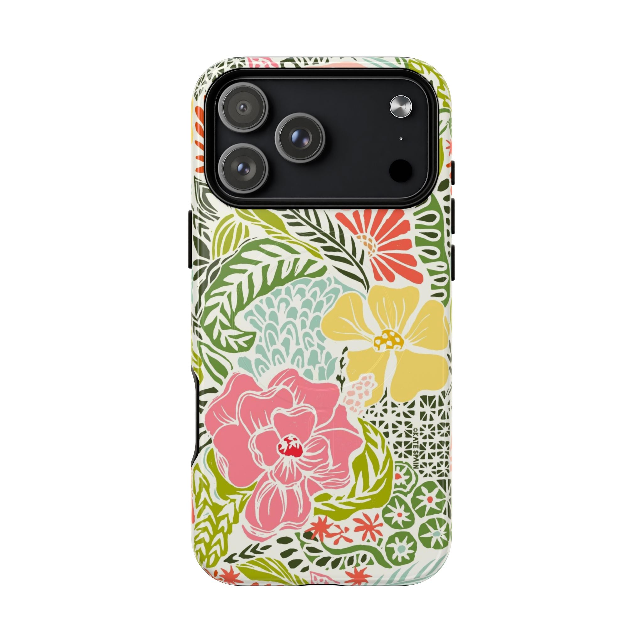 Tropica MagSafe iPhone 17 Pro Max Case – Glossy | yellow, coral, pink, green botanical tropical floral print