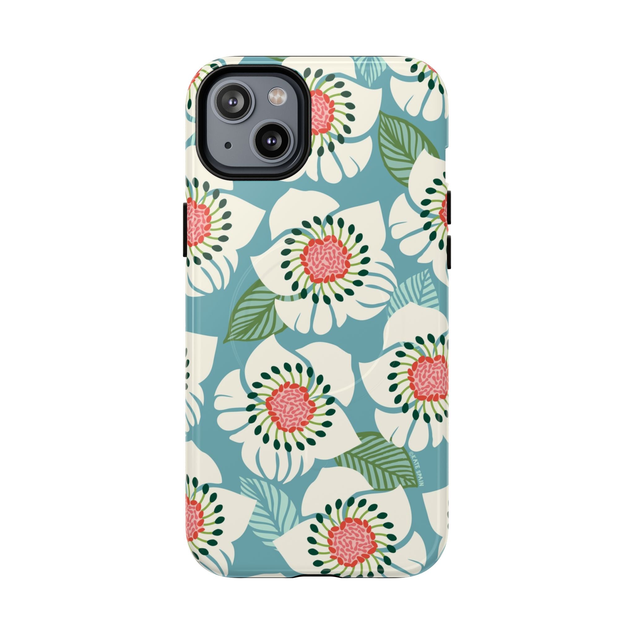 Panache MagSafe iPhone 14 Plus Case – Glossy | sky blue, pale cream, pink anemone floral print