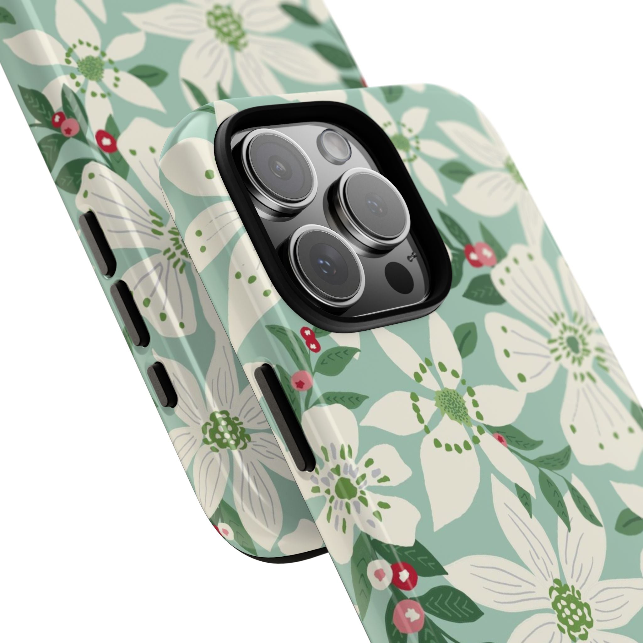 Gardenia Tough iPhone 16 Pro Max Case – lifestyle/angled shot | light blue, white, green, red gardenia botanical print