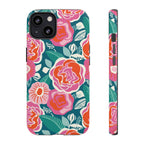 Tea Rose Teal Tough iPhone 13 Case – Glossy | teal, coral, pink botanical rose floral print