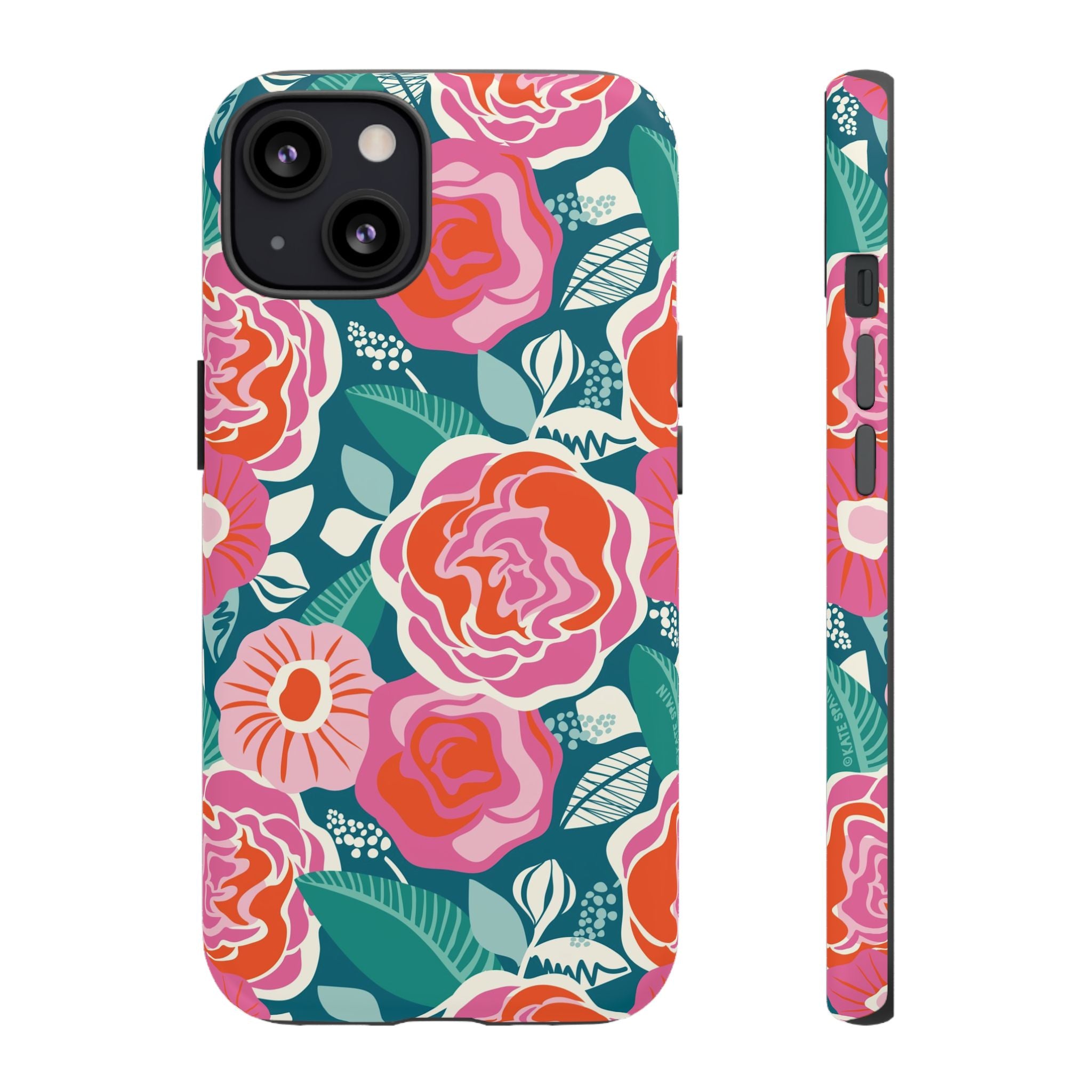 Tea Rose Teal Tough iPhone 13 Case – Glossy | teal, coral, pink botanical rose floral print