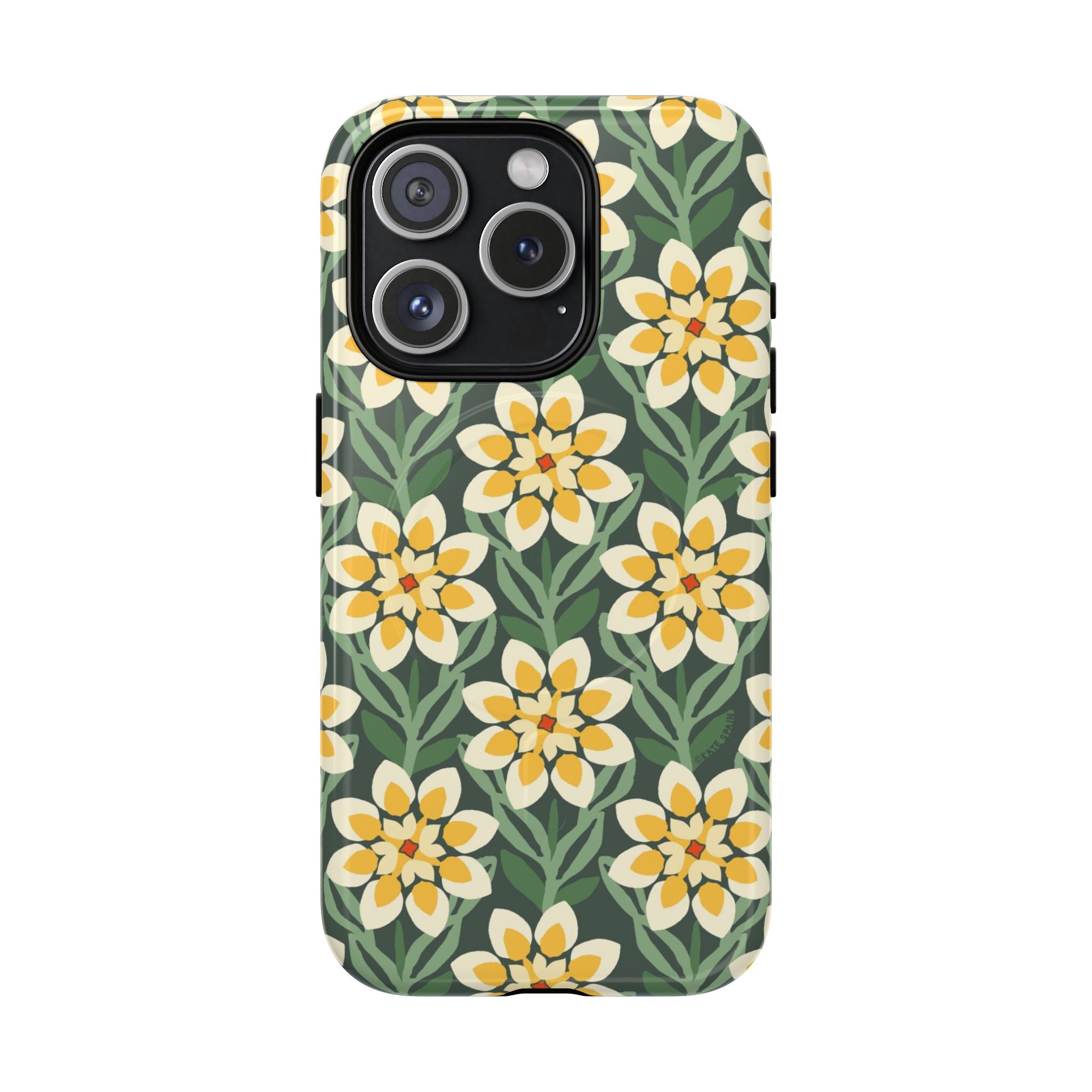 Designer Modern Dahlia MagSafe iPhone 15 Pro Case – Glossy | yellow, cream, green dahlia floral print