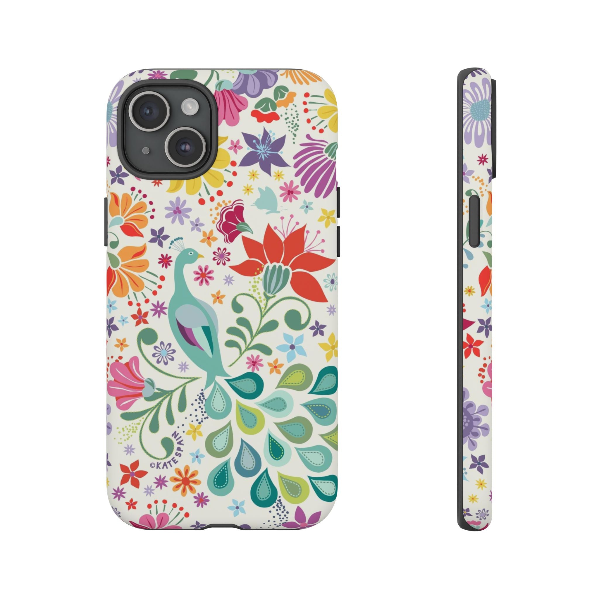 Peacock Sanctuary Tough iPhone 15 Plus Case – Matte | white, teal, coral multicolor vibrant peacock feather botanical print