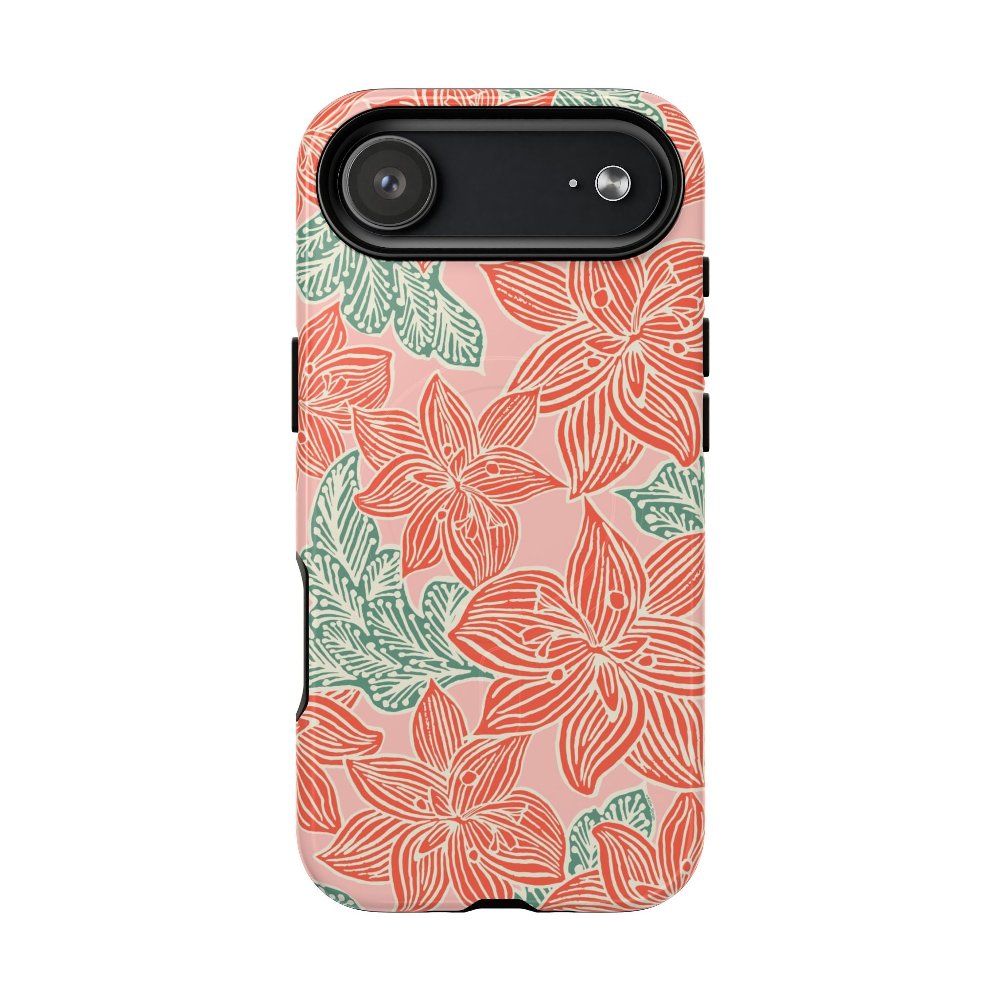 Hibiscus Coral MagSafe iPhone 17 Air Glossy Case — blush pink hard case with large-scale coral red hibiscus flowers and teal-green leaves in a bold botanical linework print, densely layered across the surface