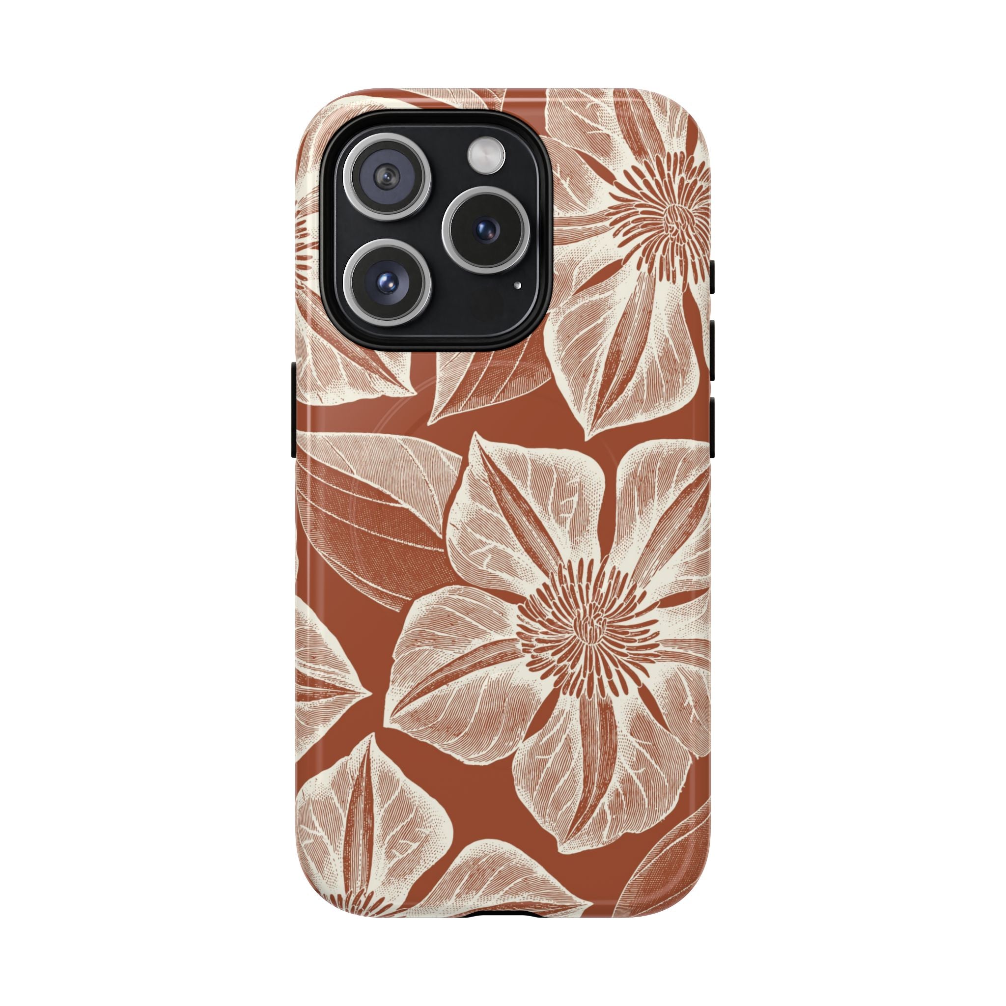 Vintage Bloom Sienna MagSafe iPhone 15 Pro – Glossy | sienna ground, large-scale cream clematis print, engraved petal detail, dual-layer protection