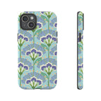 Lantern Flower Tough iPhone 15 Plus Case – Glossy | aqua, periwinkle, green botanical lantern floral print