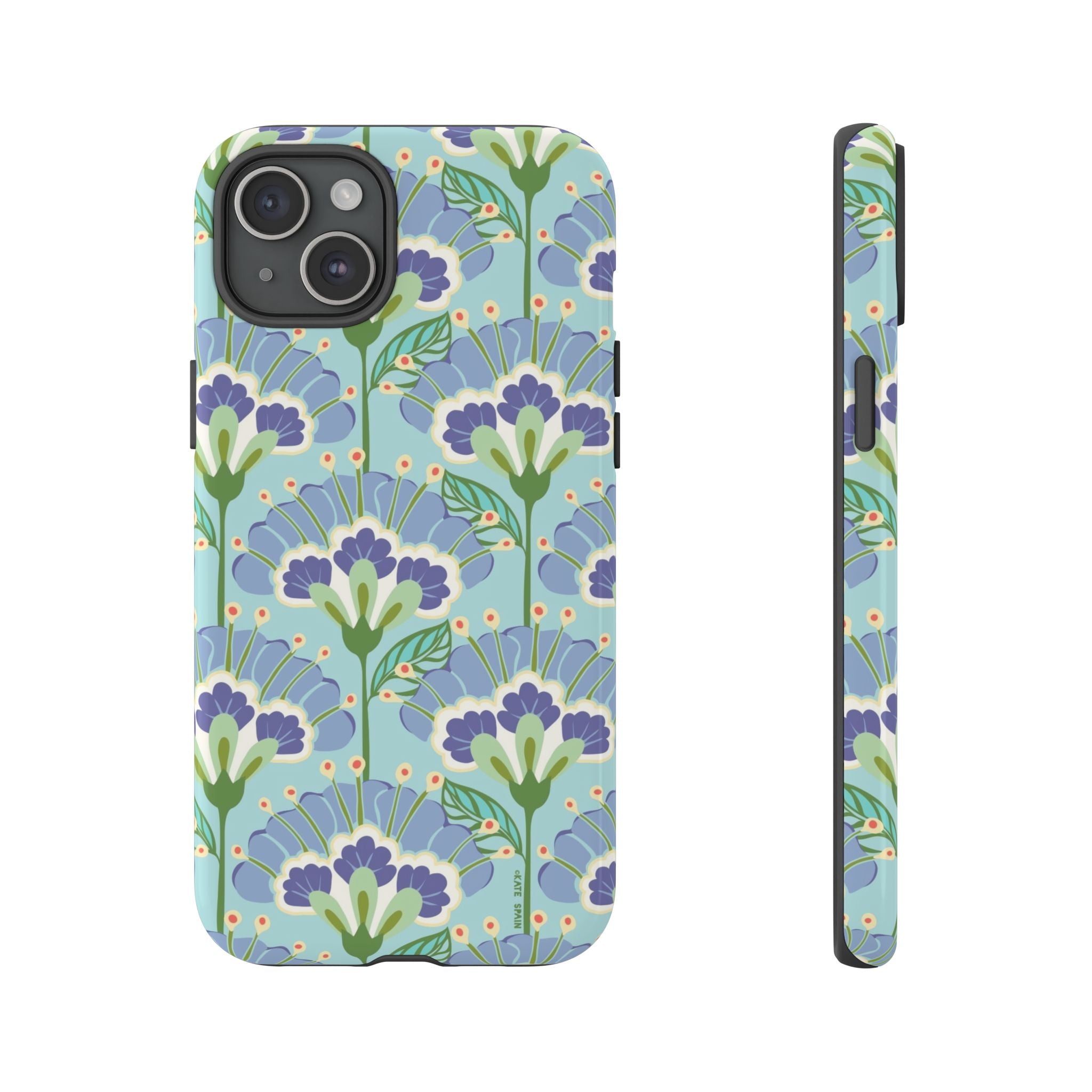 Lantern Flower Tough iPhone 15 Plus Case – Glossy | aqua, periwinkle, green botanical lantern floral print