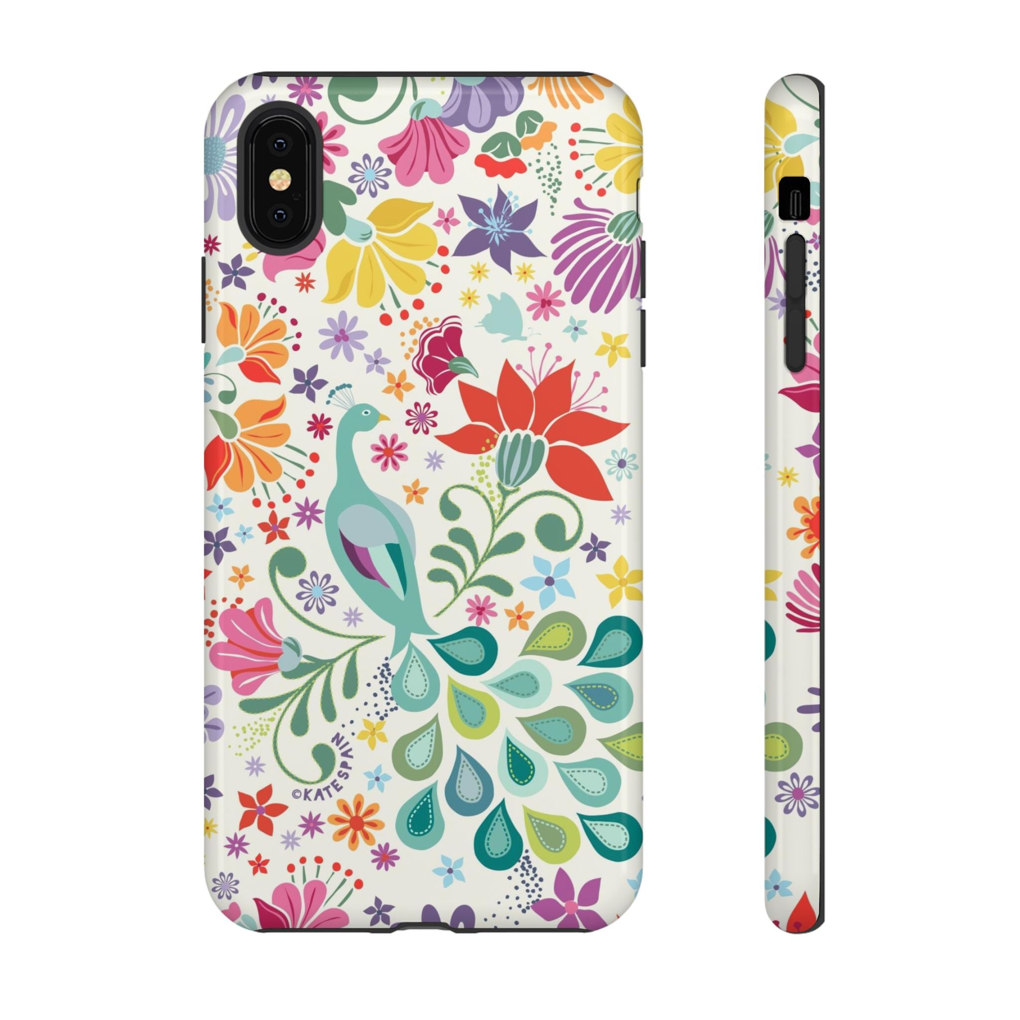 Peacock Sanctuary Tough iPhone XS Max Case – Glossy | white, teal, coral multicolor vibrant peacock feather botanical print