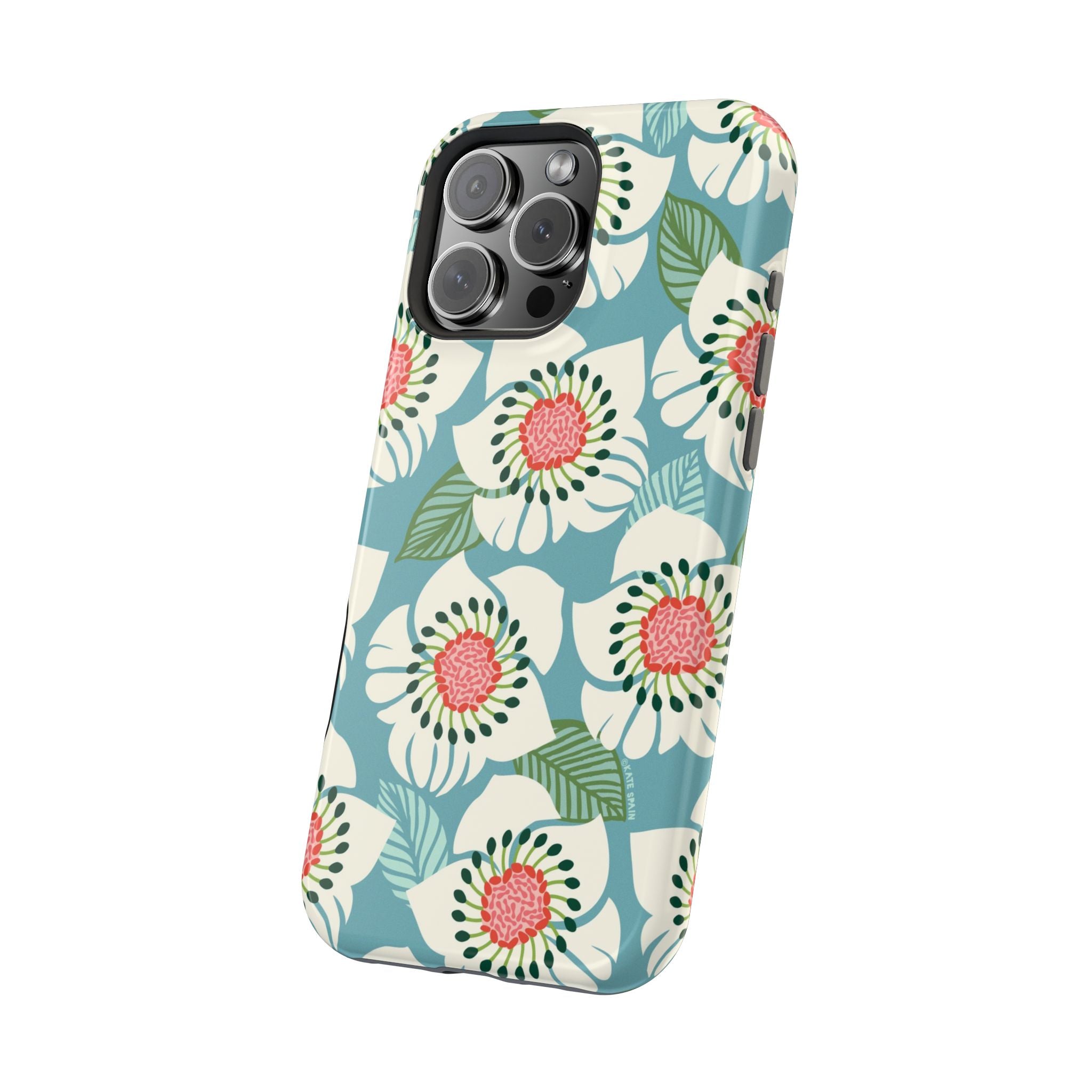 Panache Floral MagSafe iPhone 16 Pro Max Case – Glossy angled view | sky blue, pale cream, pink anemone floral print