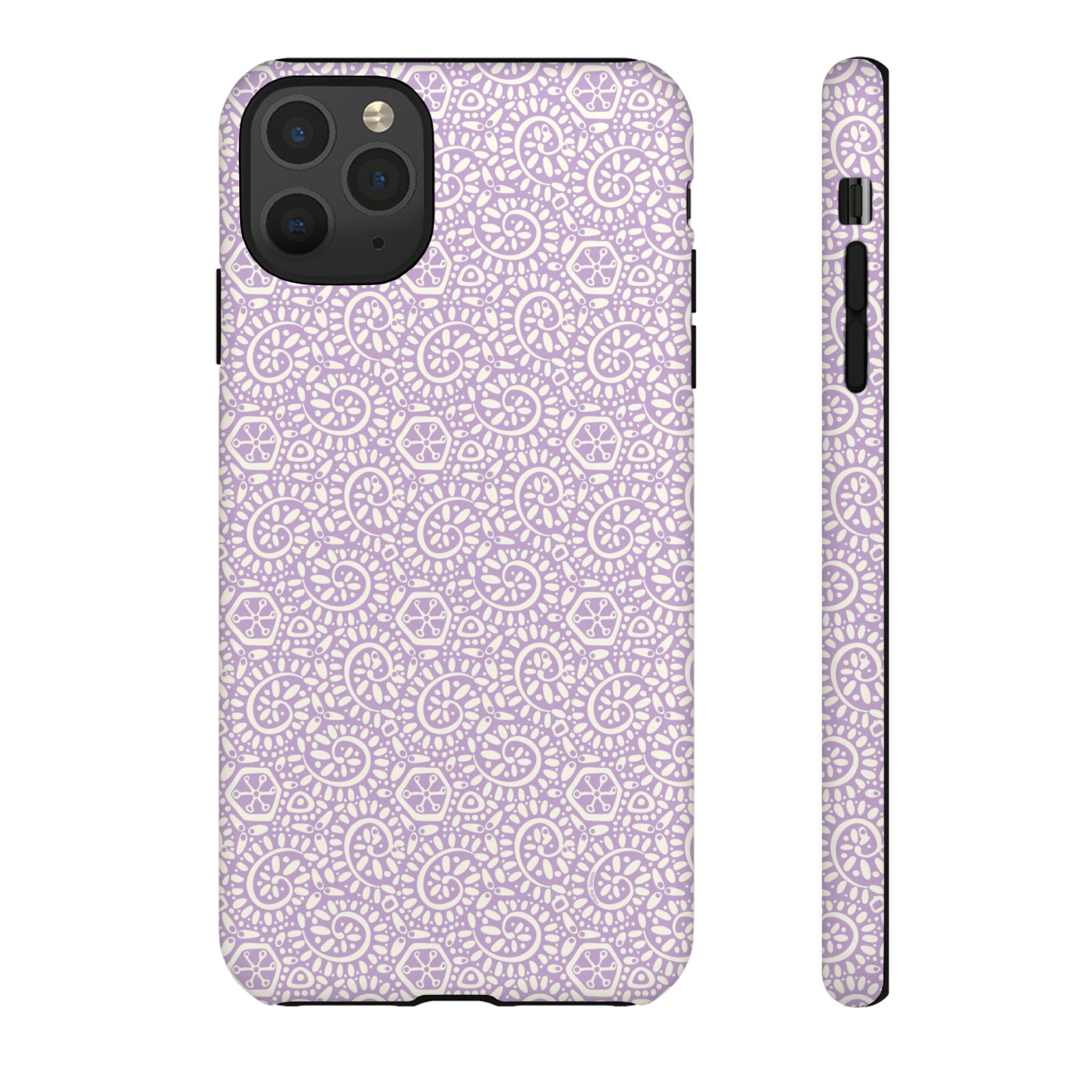 Canto Swirls Lavender iPhone 11 Pro Max Matte Case — lavender hard case covered in an intricate folk-art medallion pattern of radiating circular motifs, dot clusters, and geometric centers