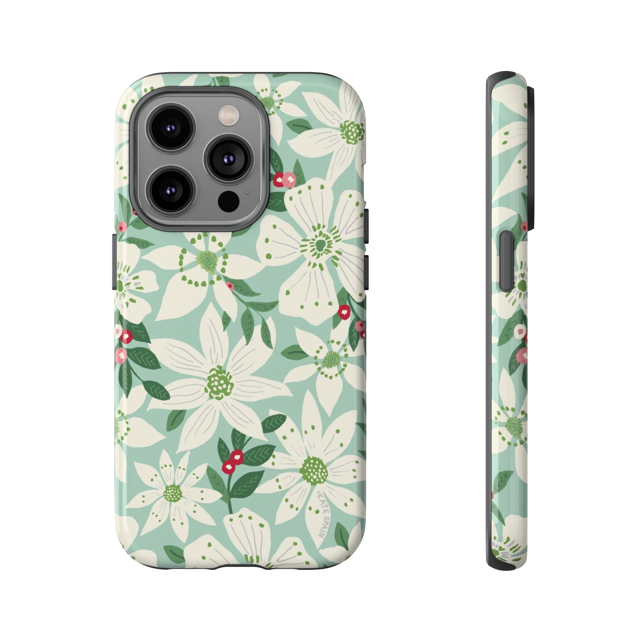 Gardenia Tough iPhone 14 Pro Case – Glossy | light blue, white, green, red gardenia botanical print