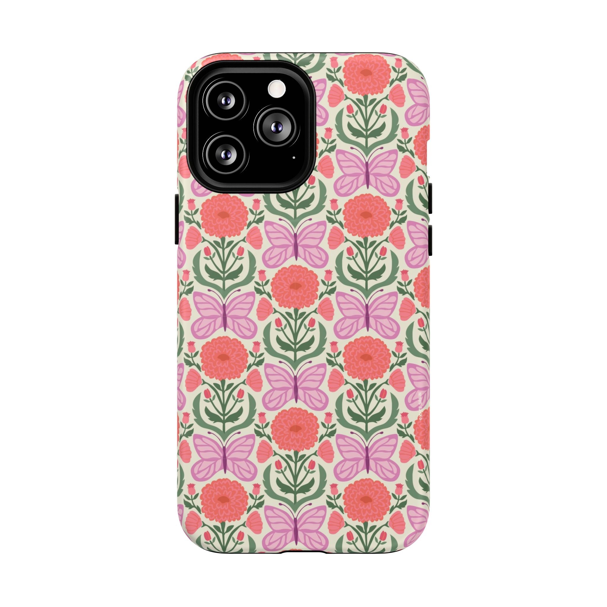 Pink Butterfly MagSafe iPhone 13 Pro Max Case – Matte | pink, coral, green, cream butterfly floral print