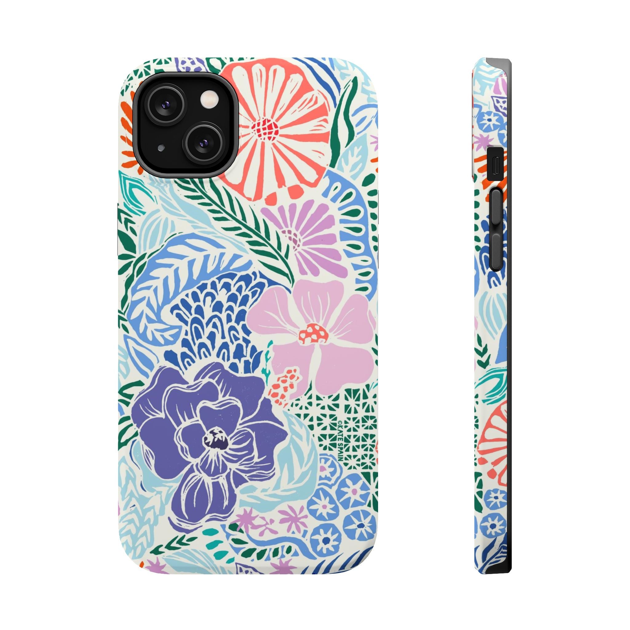 Tropica MagSafe iPhone 14 Plus Case – Matte | purple, coral, pink, blue botanical tropical floral print MagSafe compatible, dual-layer protection