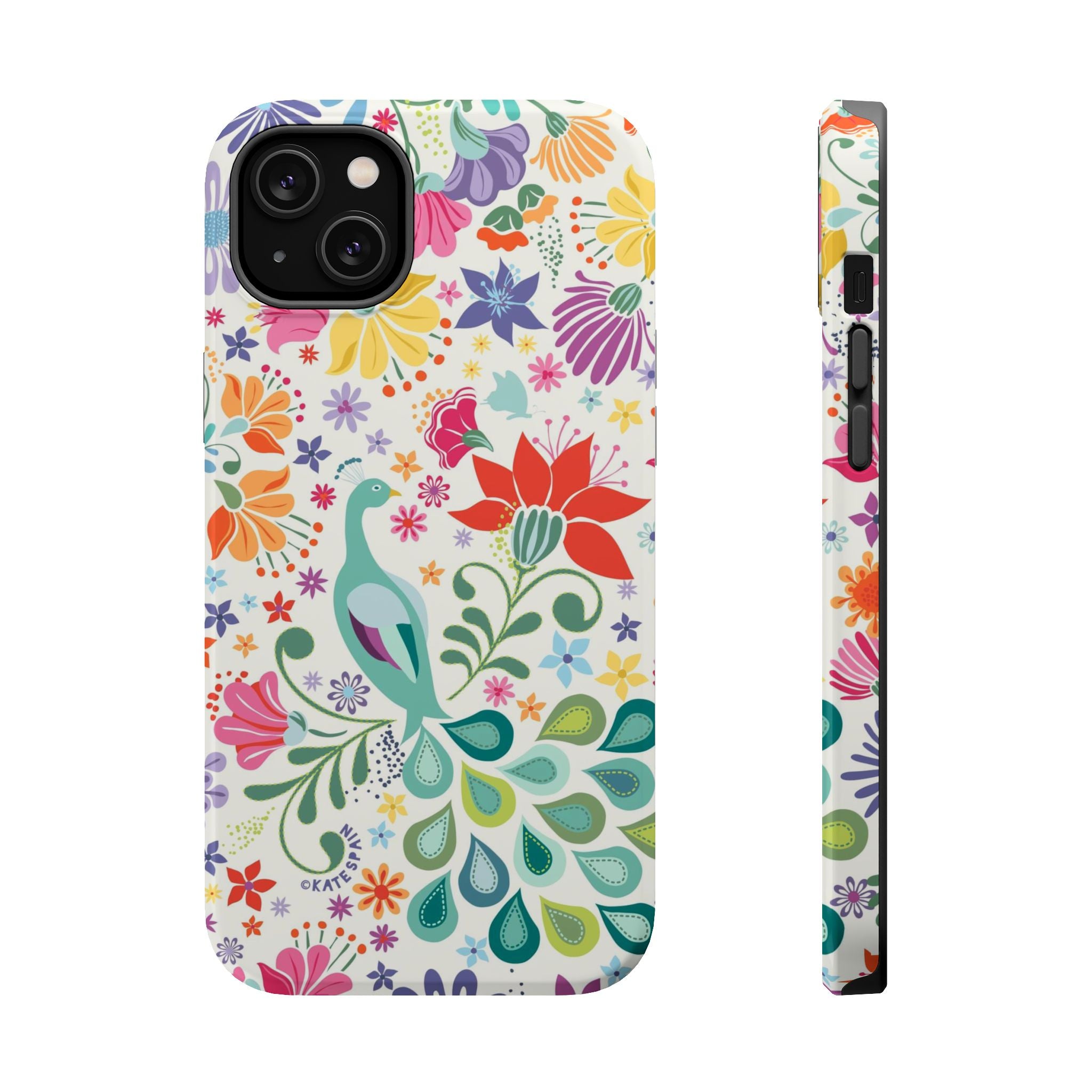Peacock Sanctuary MagSafe iPhone 14 Plus Case – Glossy | ivory, teal, navy peacock botanical print MagSafe compatible, dual-layer protection