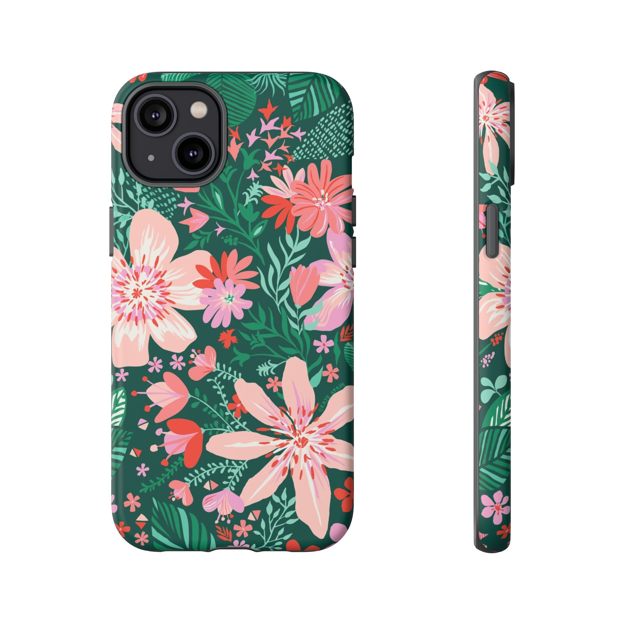 Bonaire Tough iPhone 14 Plus Case – Matte | jade, pink, white tropical floral botanical print