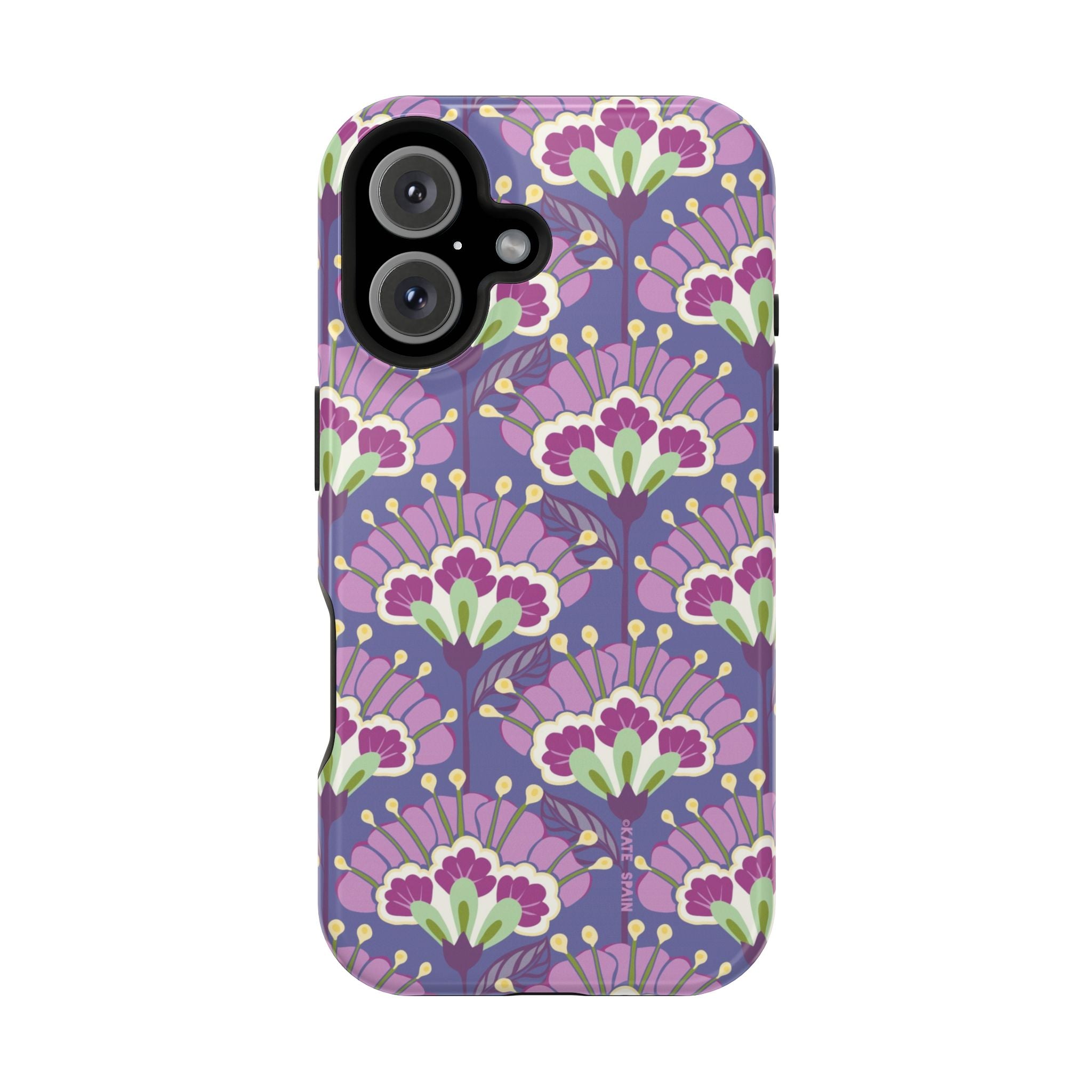 Lantern Flower MagSafe iPhone 16 Case – Glossy | periwinkle, purple, mauve, sage botanical lantern floral print MagSafe compatible, dual-layer protection