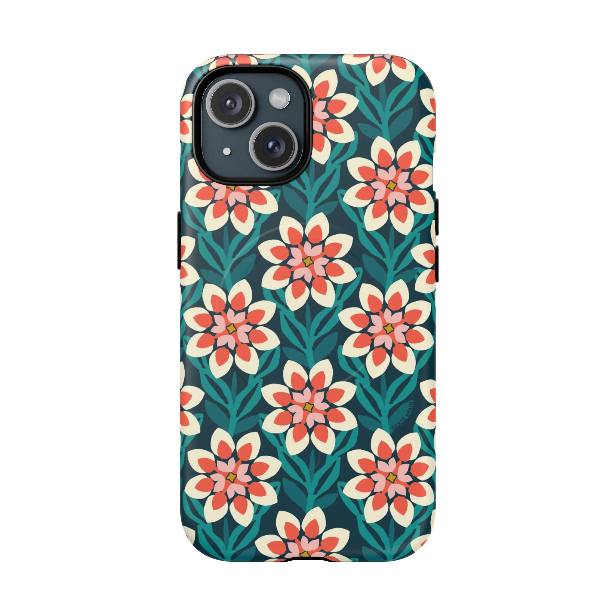 Modern Dahlia MagSafe iPhone 15 Case – Matte | teal, coral, cream botanical dahlia floral print