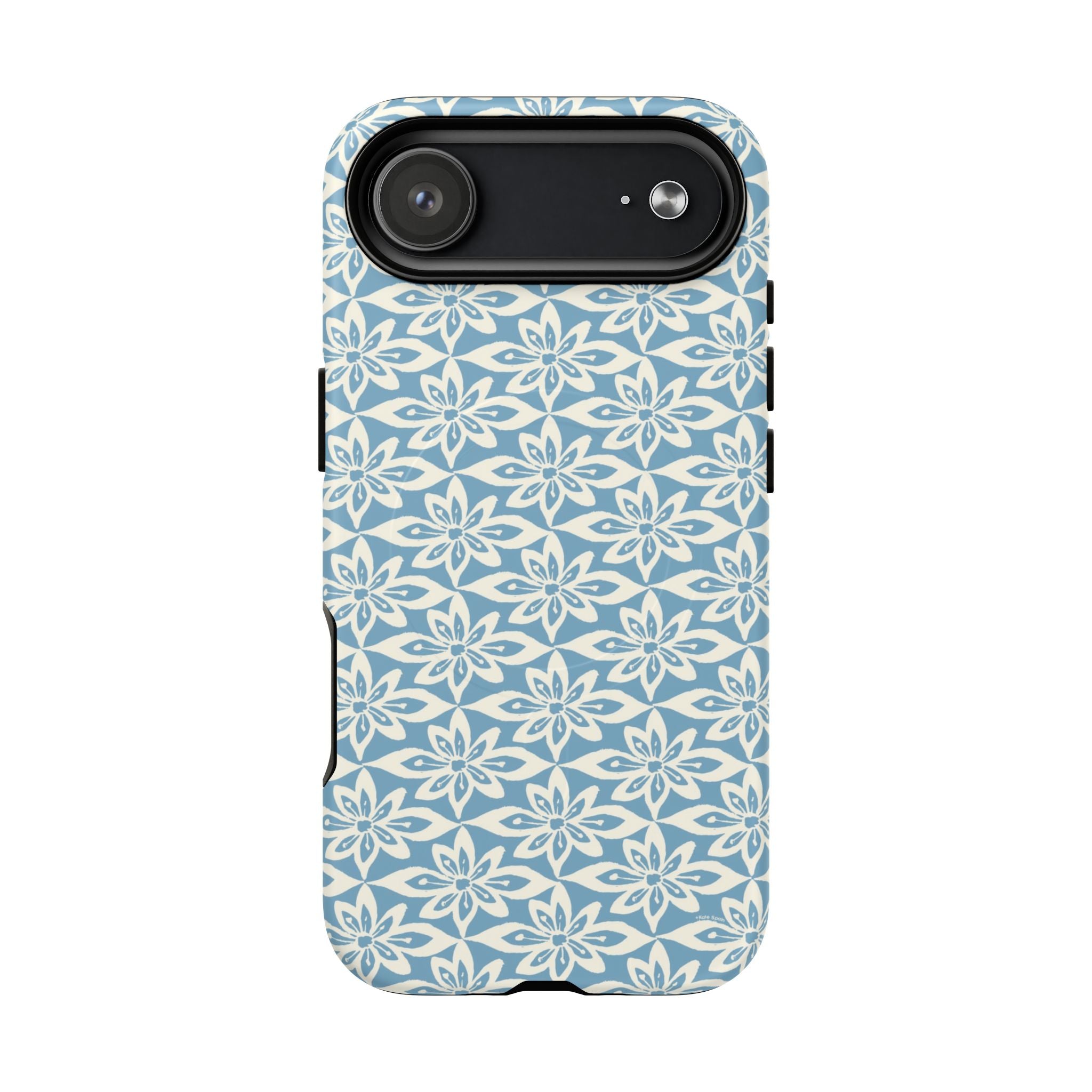 Lily Blue MagSafe iPhone 17 Air Matte case — geometric white lily print on dusty blue by Kate Spain