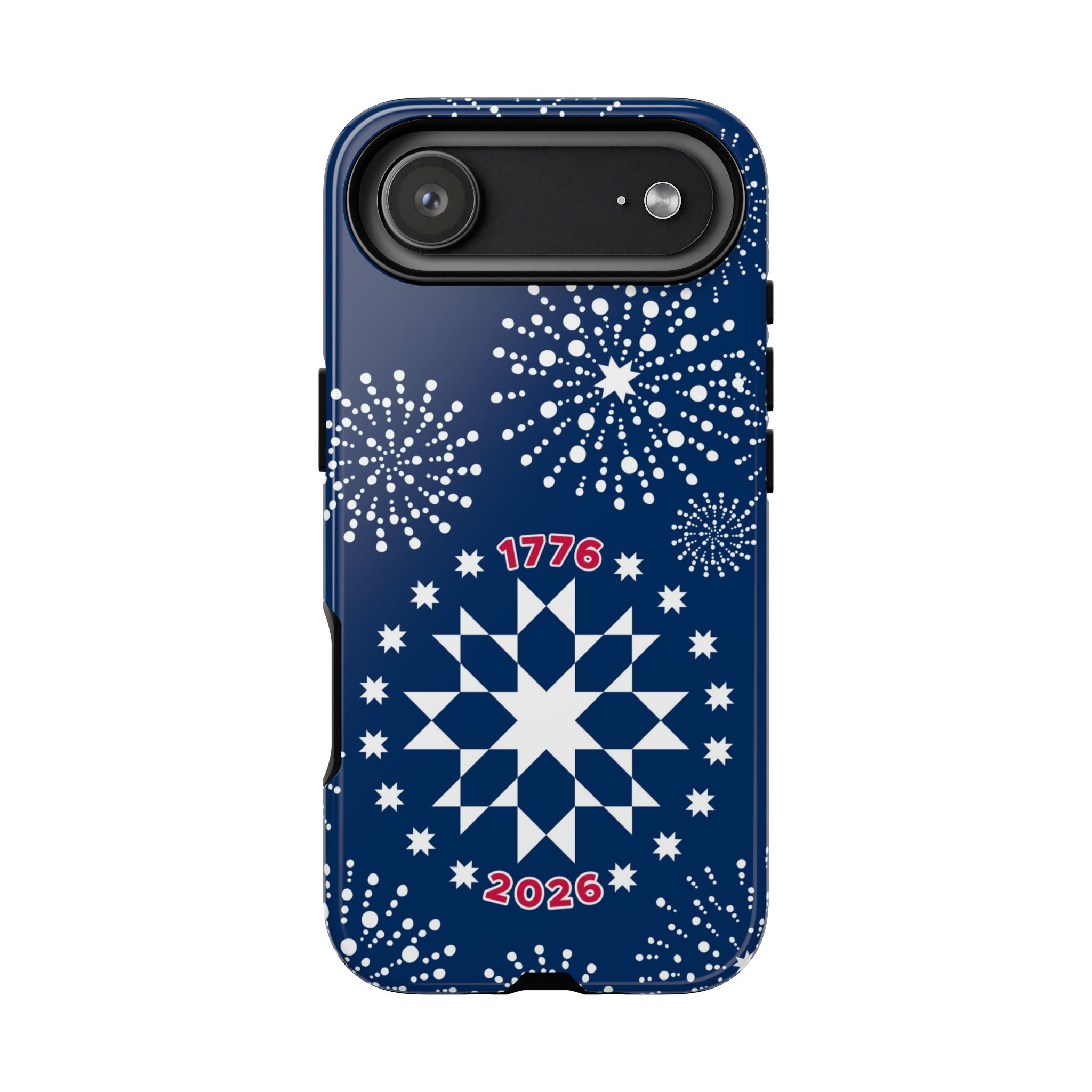 250th Fireworks Tough iPhone 17 Air Case – Glossy | navy, white patriotic star quilt fireworks print