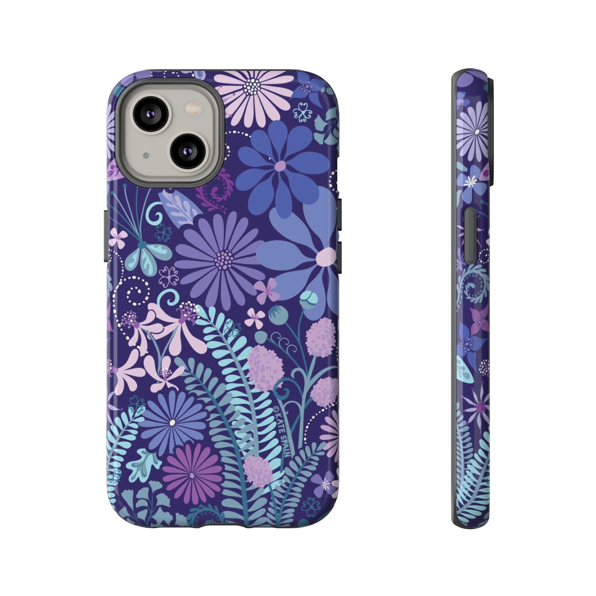 Luxury Terrain Tough iPhone 14 Case – Glossy | navy, purple, aqua botanical woodland floral print