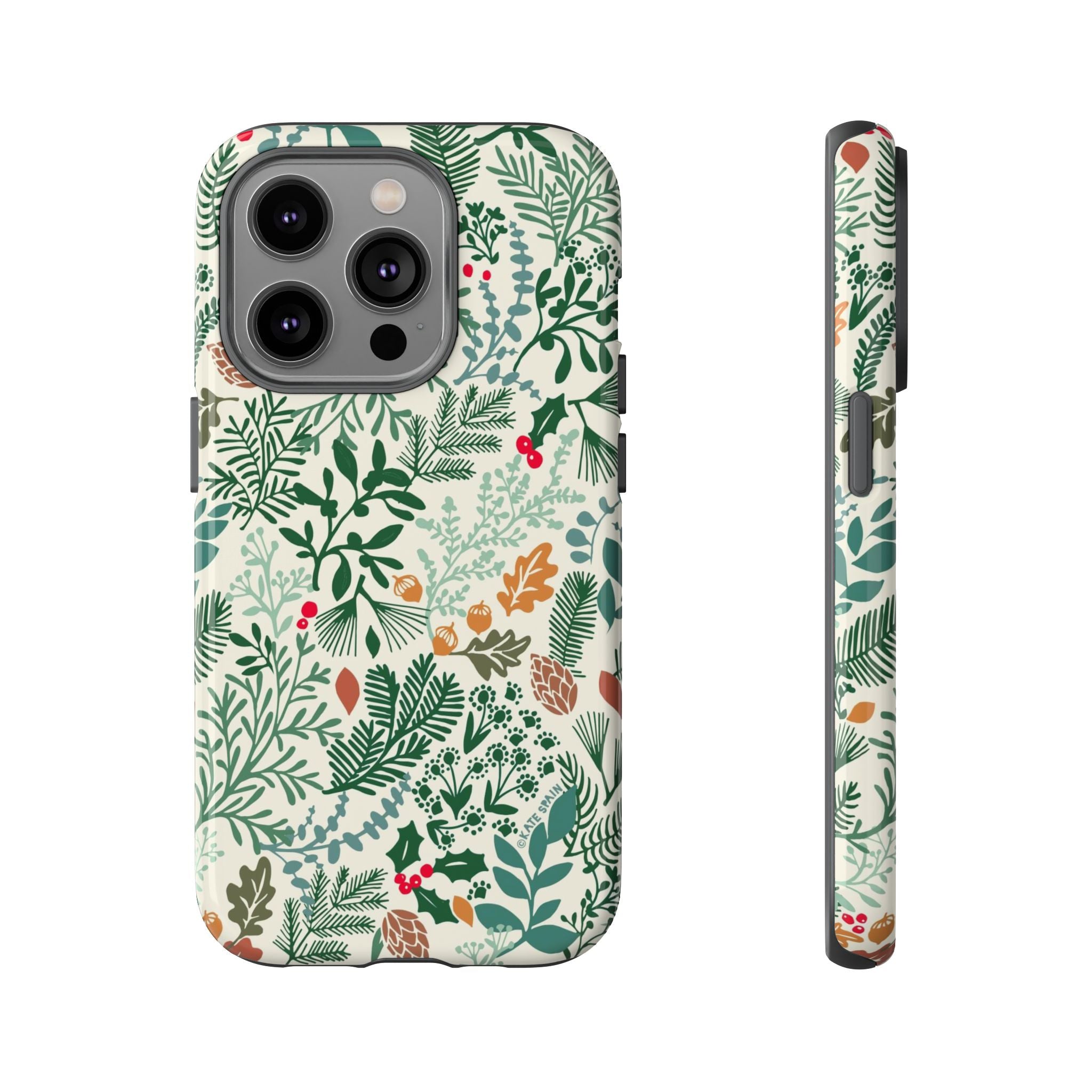 Juniper Tough iPhone 14 Pro Case – Glossy | cream, green, red botanical woodland print