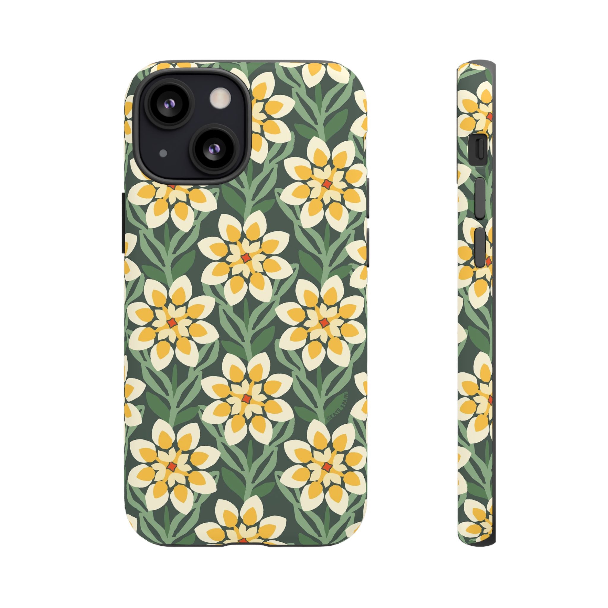 Designer Modern Dahlia Tough iPhone 13 Mini Case – Matte | yellow, cream, green dahlia floral print